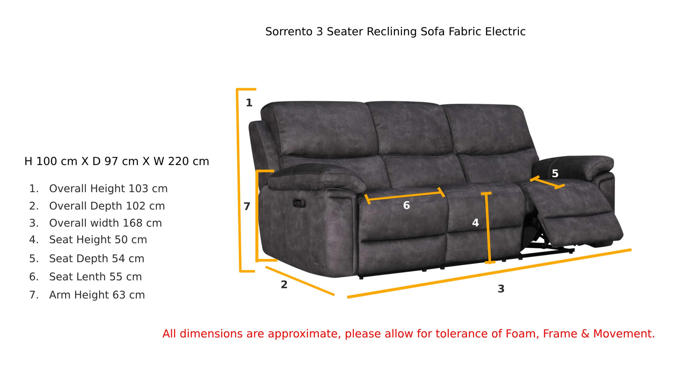 3 Seater Reclining Sofa Grey Fabric Electric Sorrento