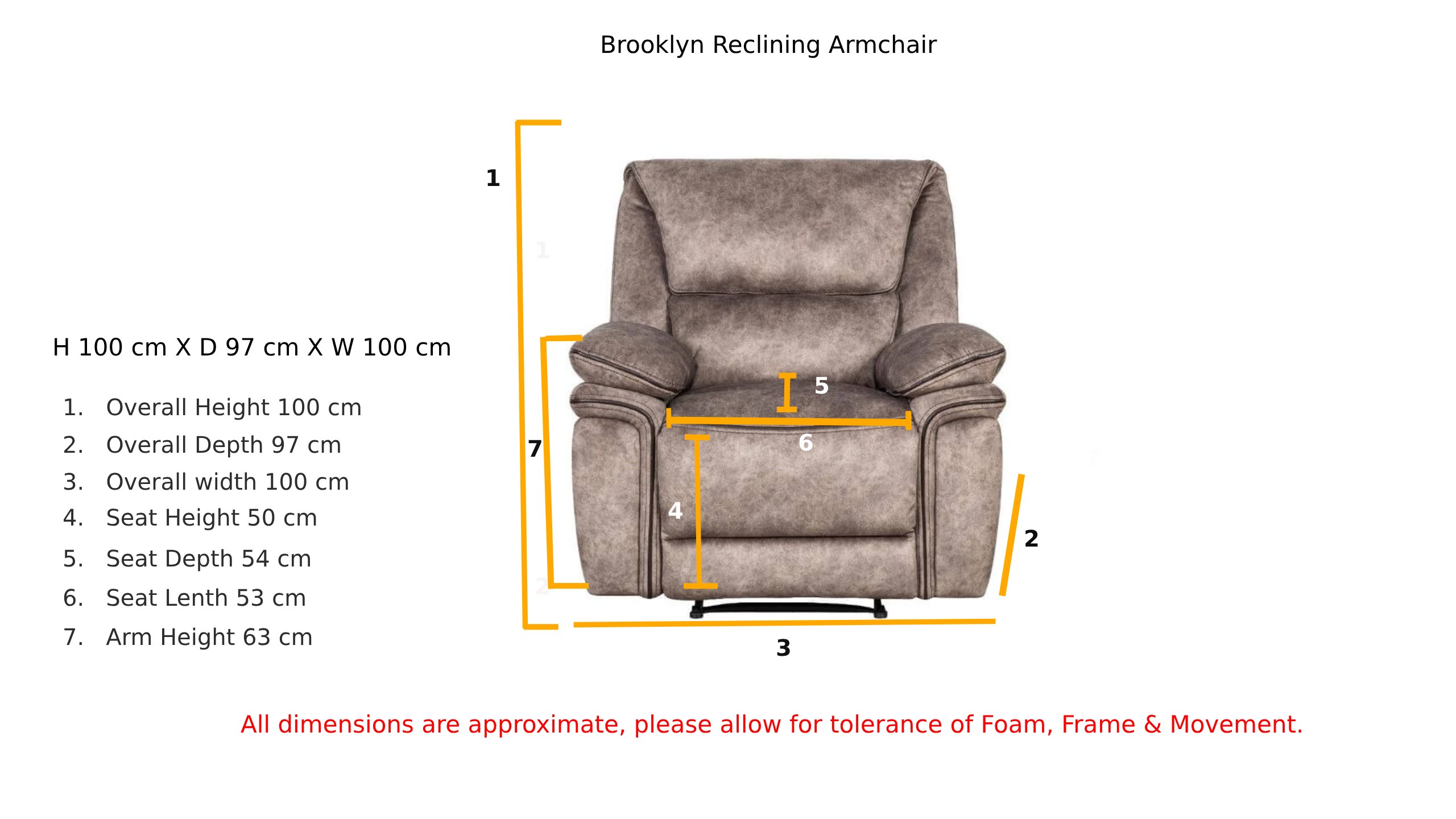 Aupe Tranquility Brooklyn Reclining Armchair in Soft Fabric Dimension