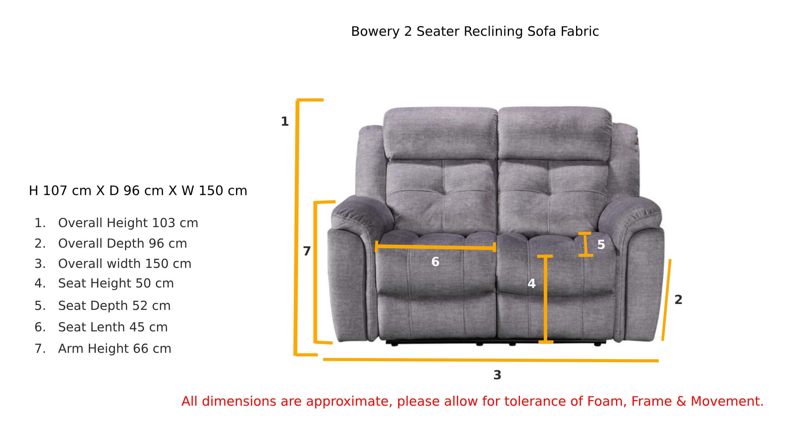 Bowery 2 Seater Reclining Sofa Silver Fabric Dimension