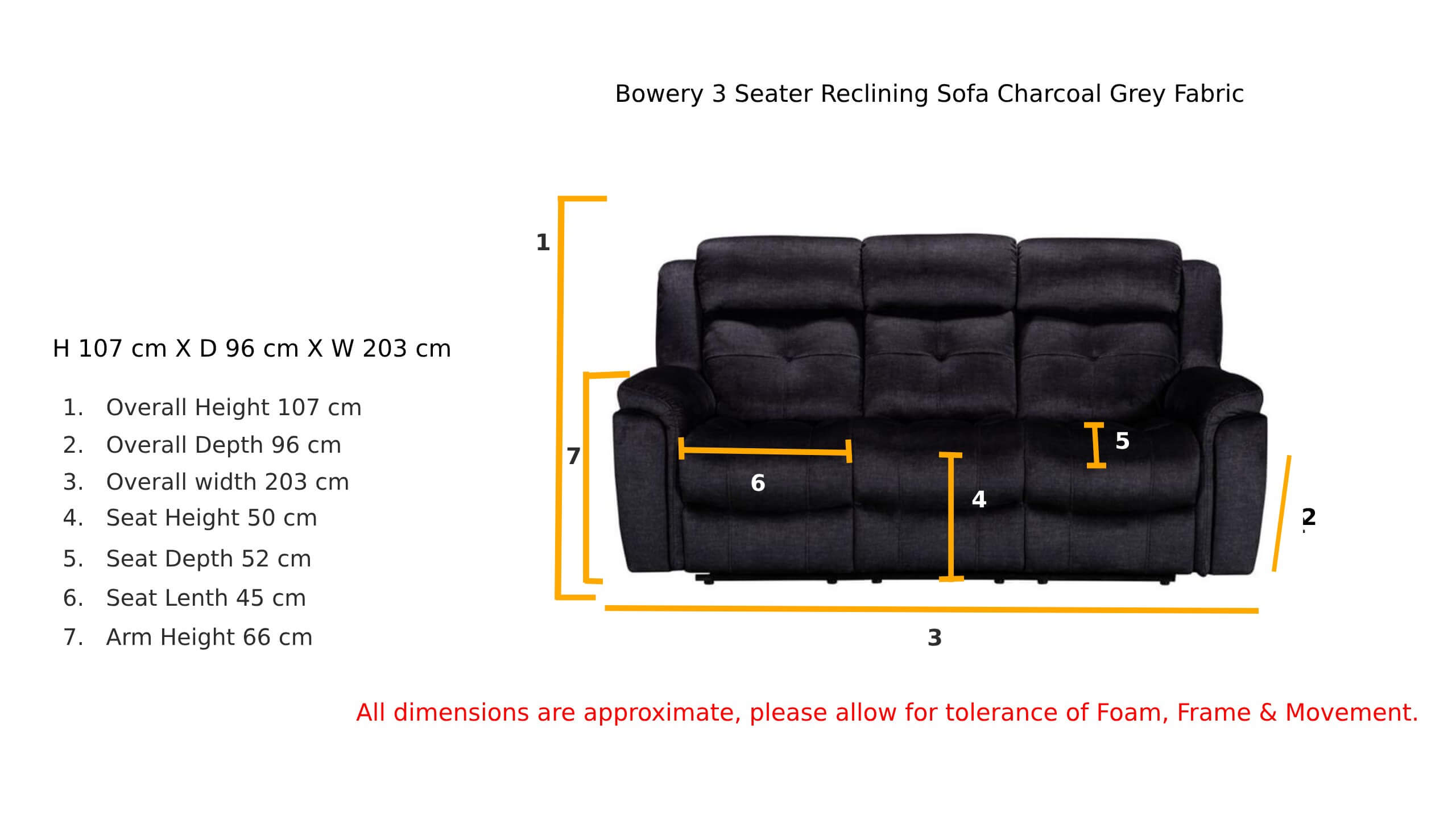 Bowery 3 Seater Reclining Sofa Charcoal Grey Fabric Dimension