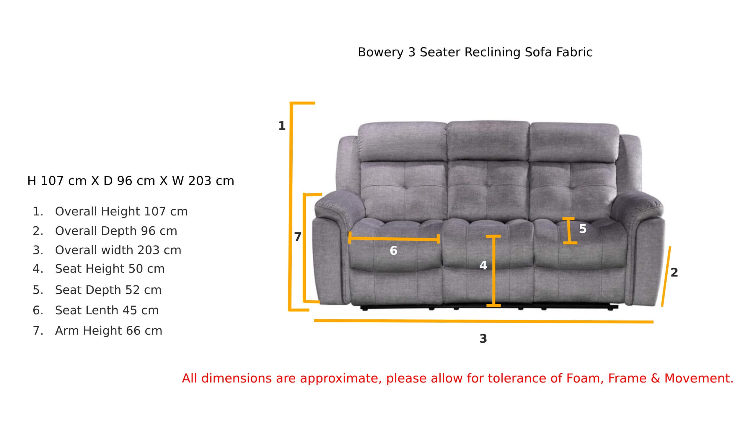 Bowery 3 Seater Reclining Sofa Silver Fabric Dimension