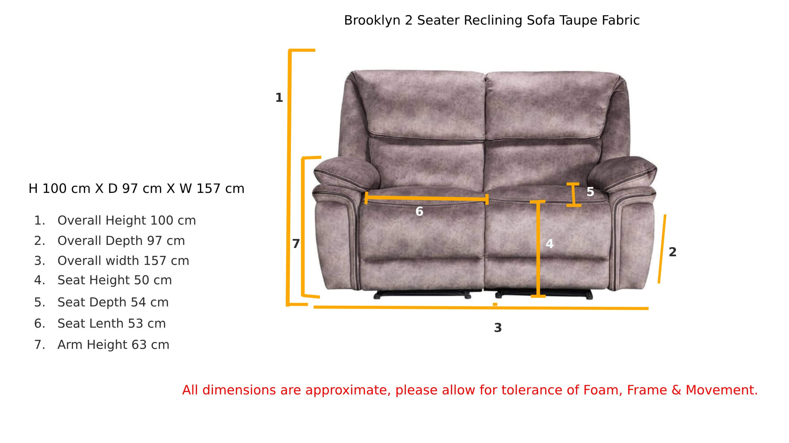 Brooklyn 2 Seater Reclining Sofa Taupe Fabric Dimension