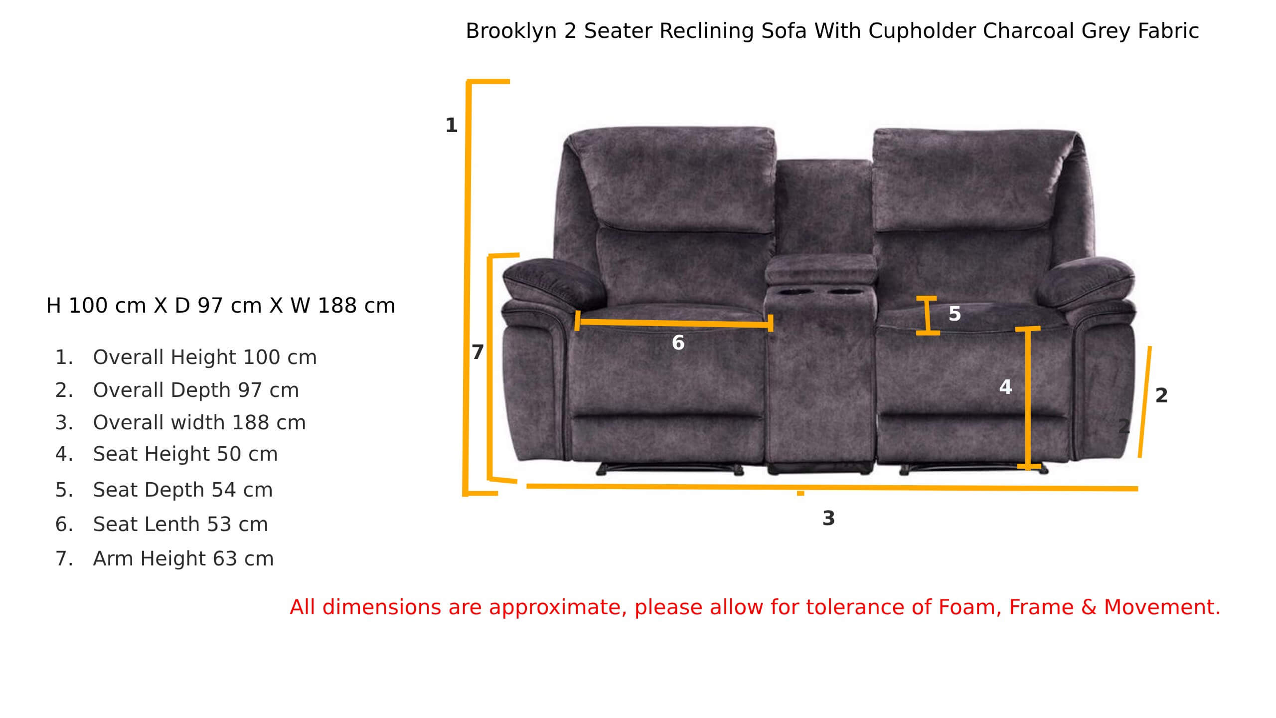 Brooklyn 2 Seater Reclining Sofa With Cupholder Charcoal Grey Fabric Dimension