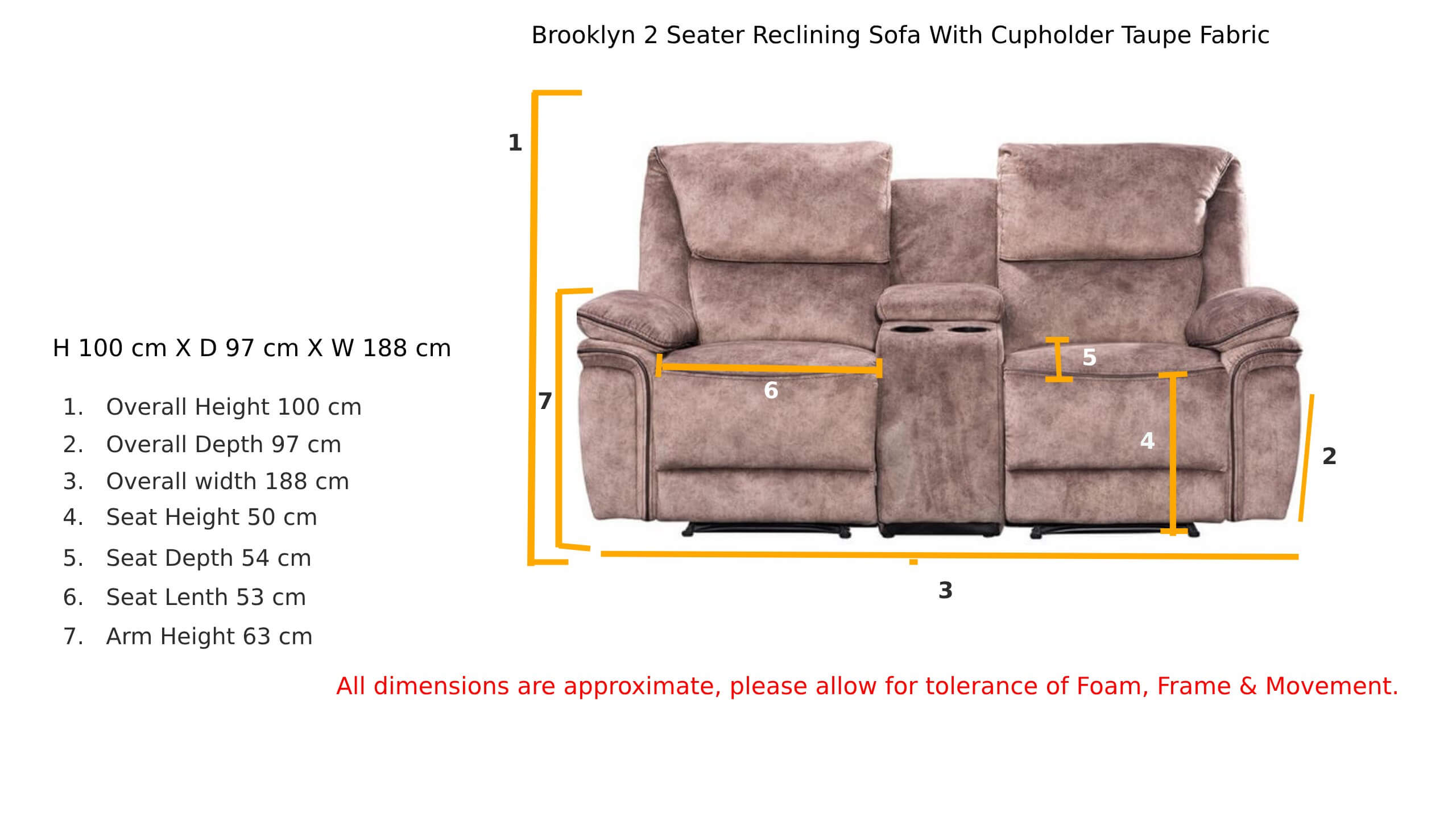 Brooklyn 2 Seater Reclining Sofa With Cupholder Taupe Fabric Dimension