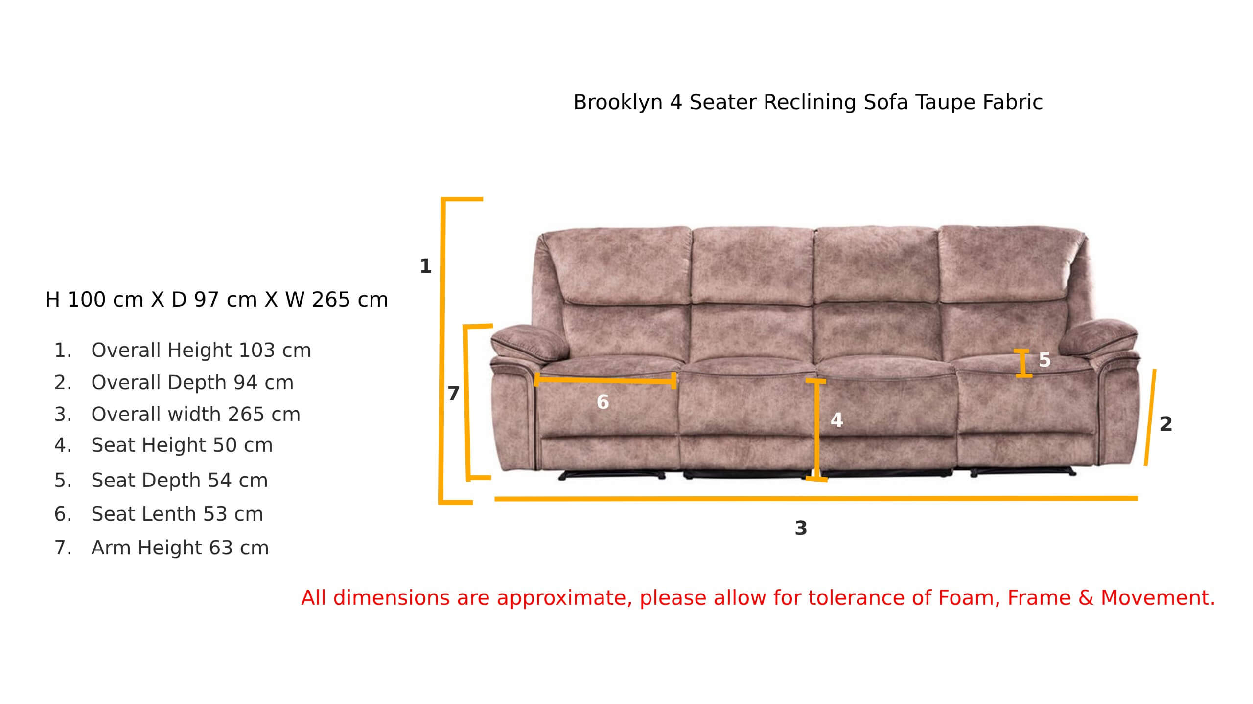 Brooklyn 4 Seater Reclining Sofa Taupe Fabric Dimension