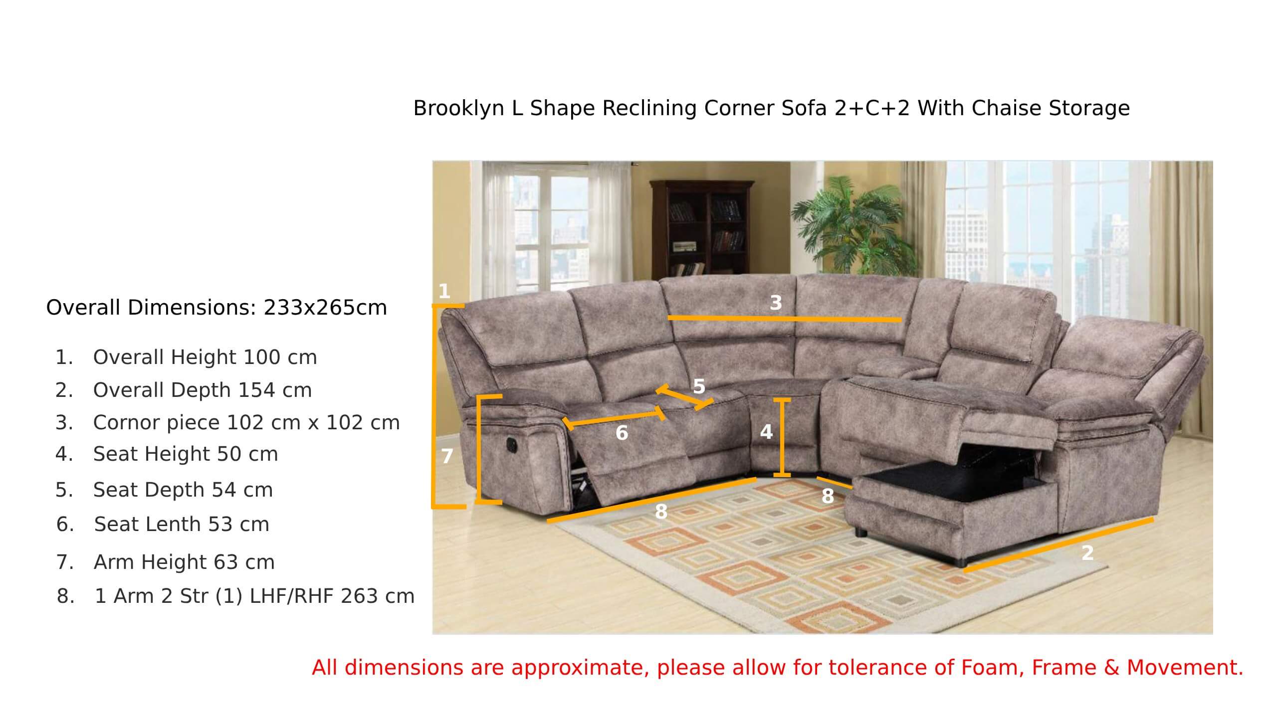 Brooklyn L Shape Reclining Corner Sofa 2+C+2 With Chaise Storage Taupe Fabric Dimension