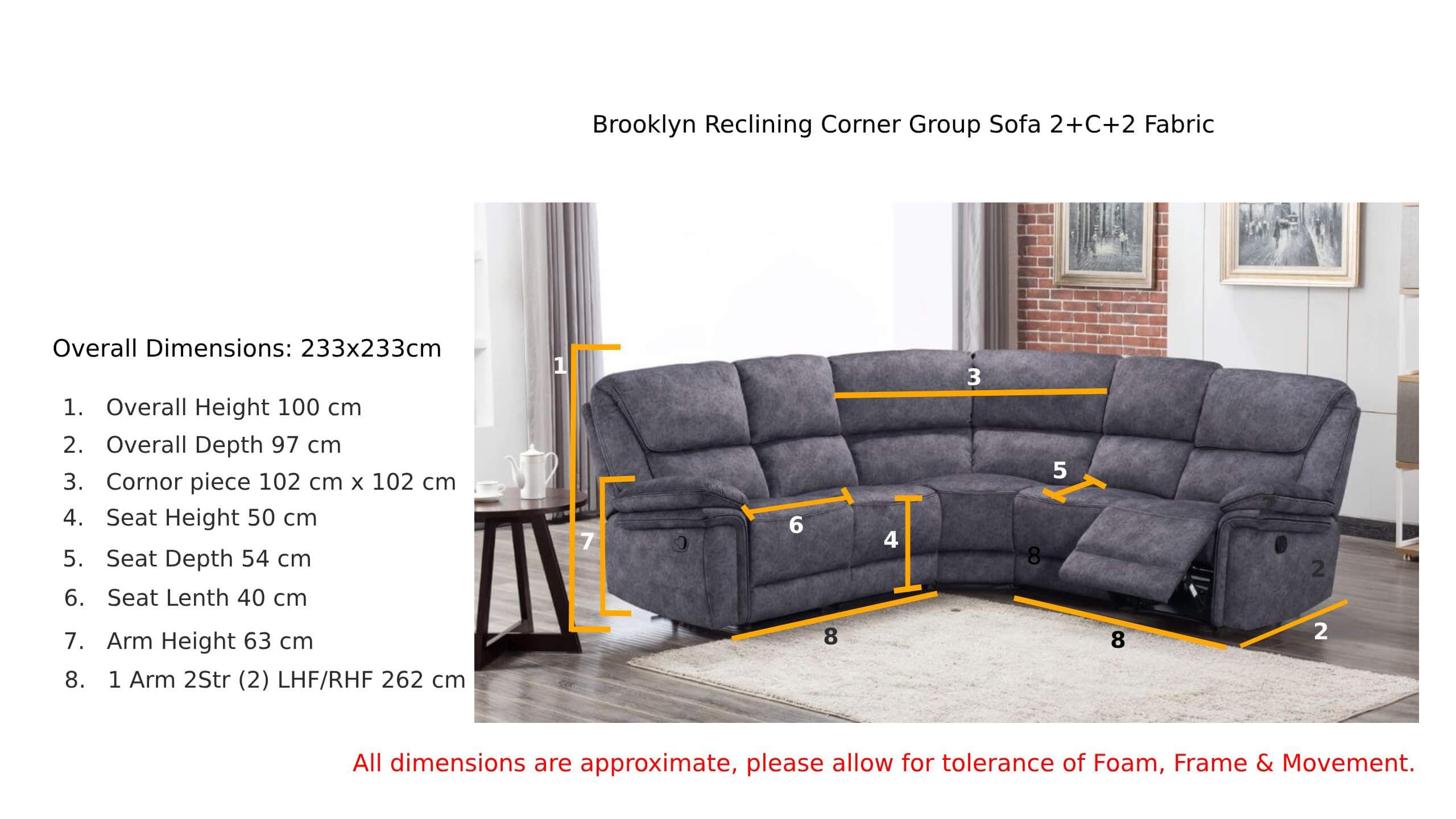 Brooklyn Reclining Corner Group Sofa 2+C+2 Charcoal Grey Fabric Dimension