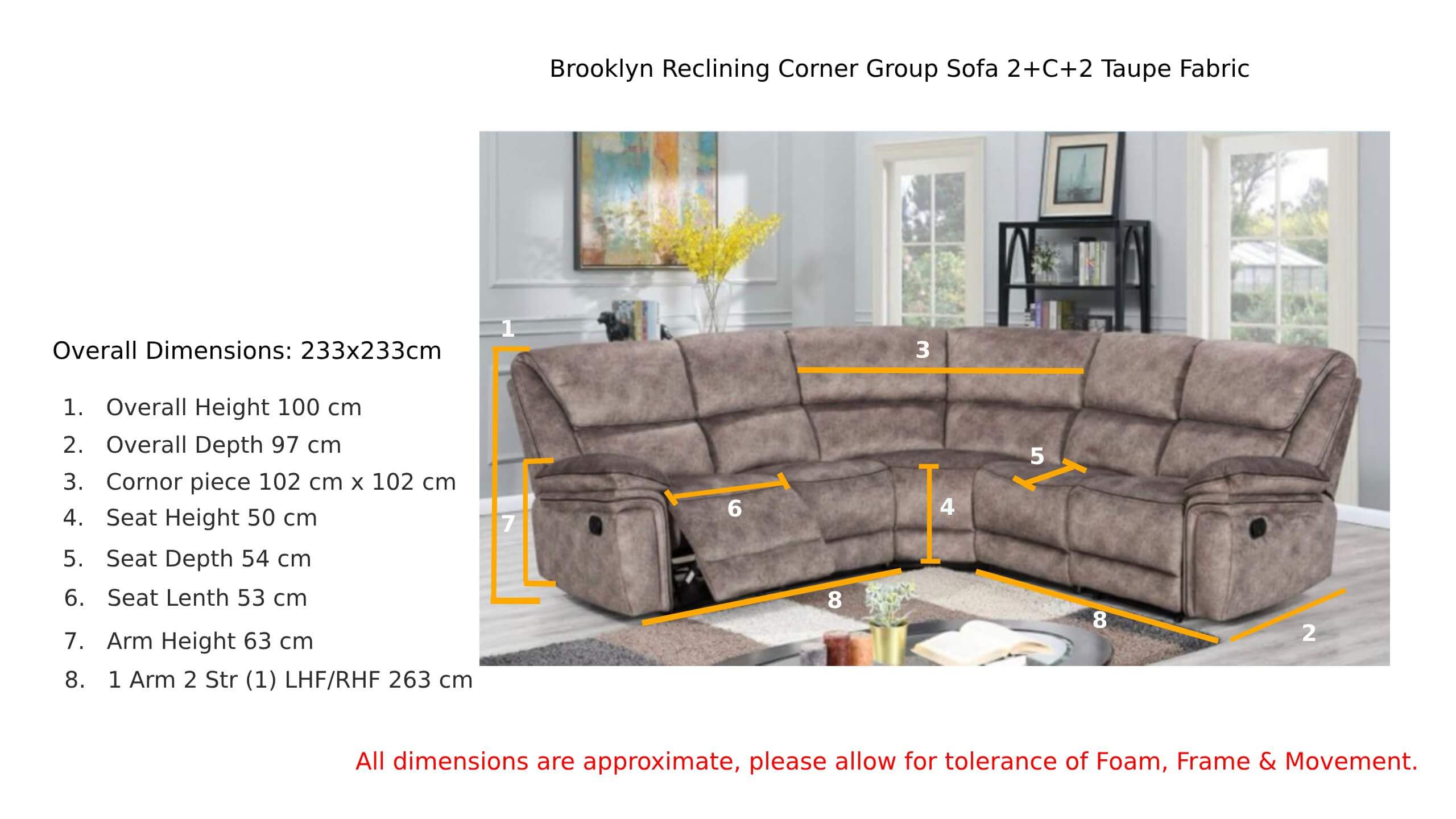 Brooklyn Reclining Corner Group Sofa 2+C+2 Taupe Fabric Dimension