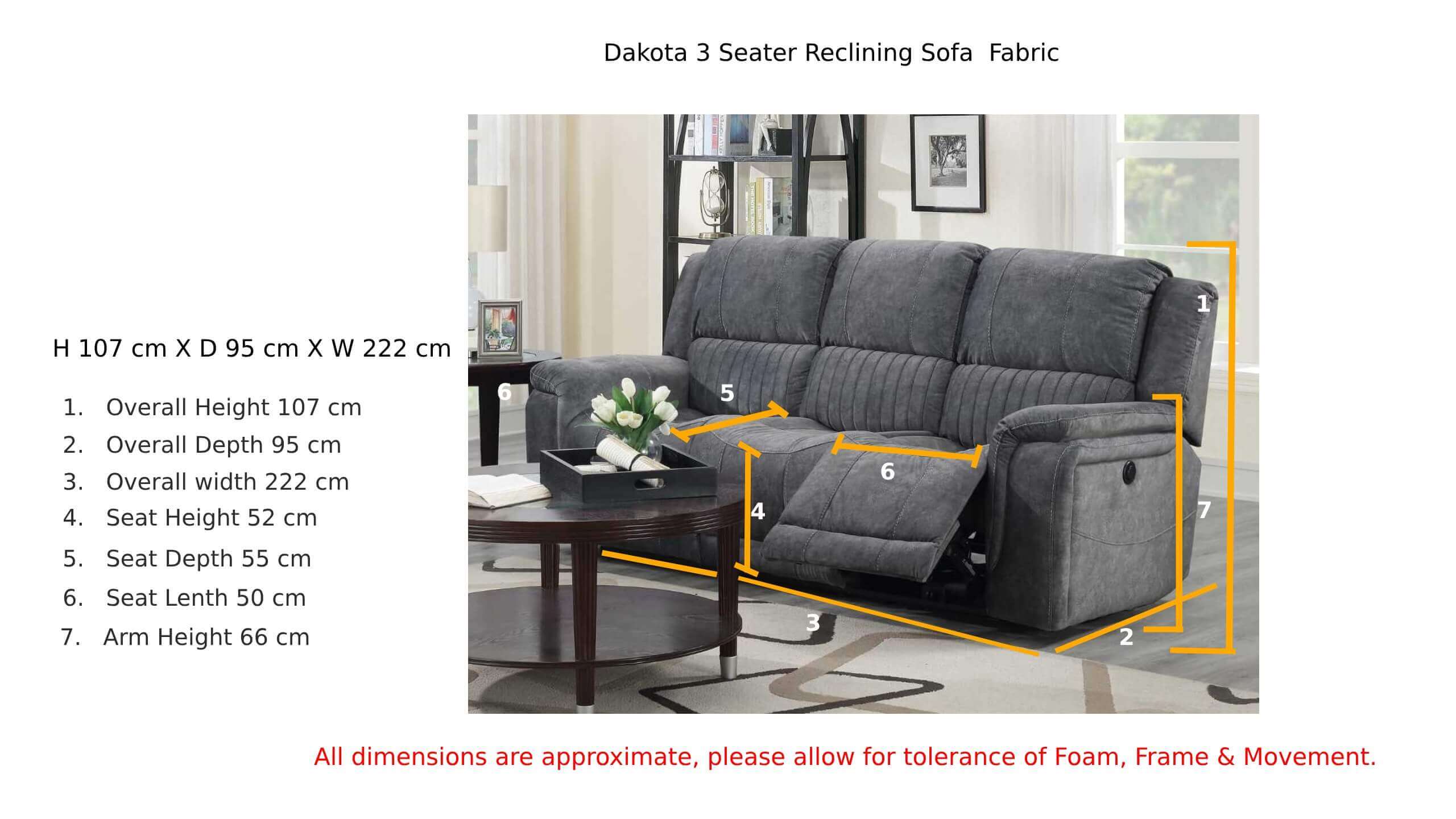 Dakota 3 Seater Reclining Sofa Grey Fabric Dimension