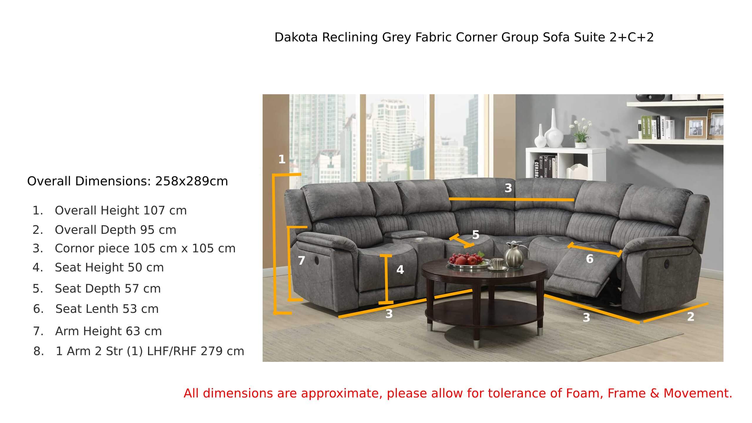 Dakota Reclining Grey Fabric Corner Group Sofa Suite Dimenaion