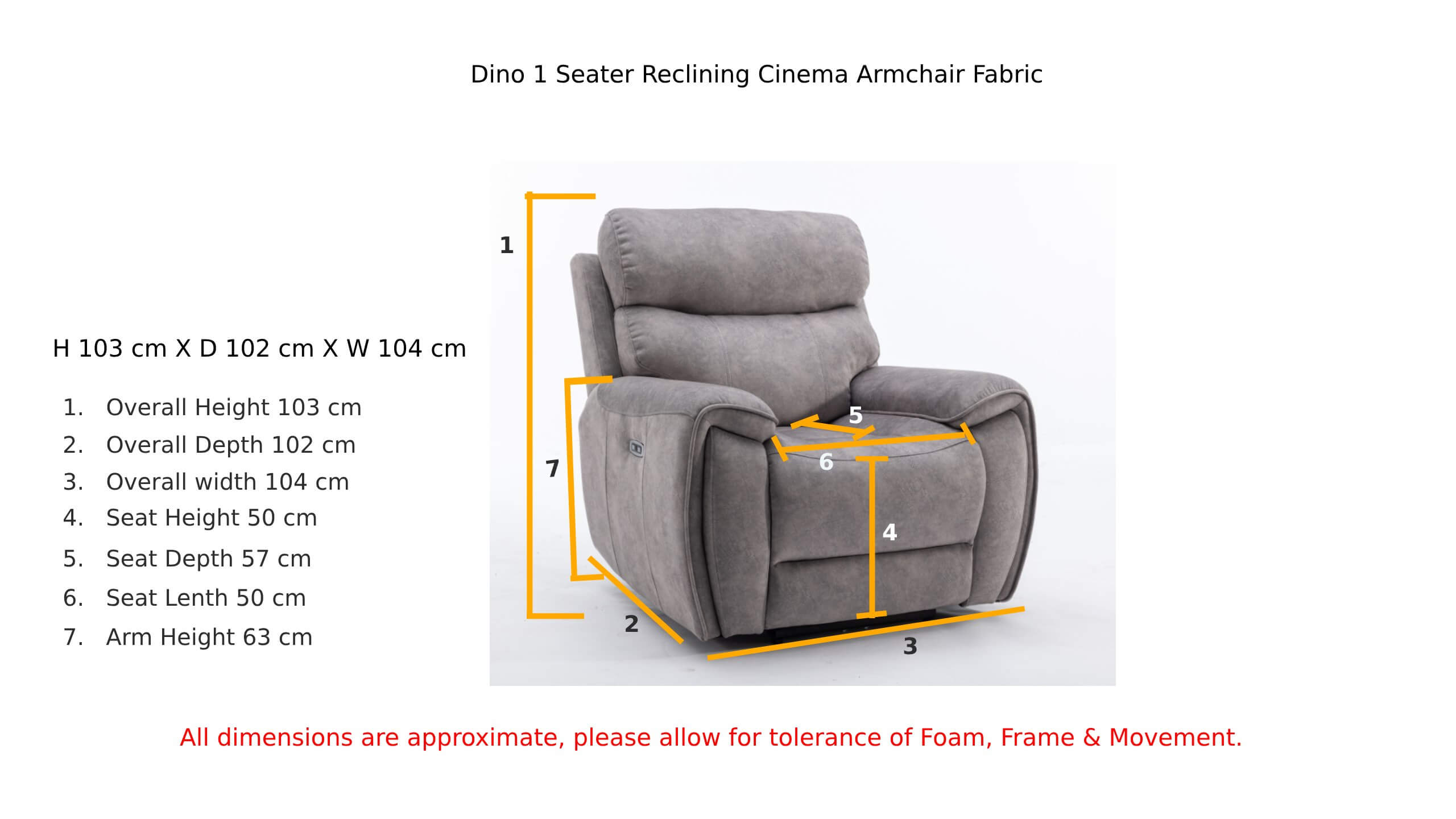 Dino 1 Seater Reclining Cinema Armchair Silver Fabric Dimension