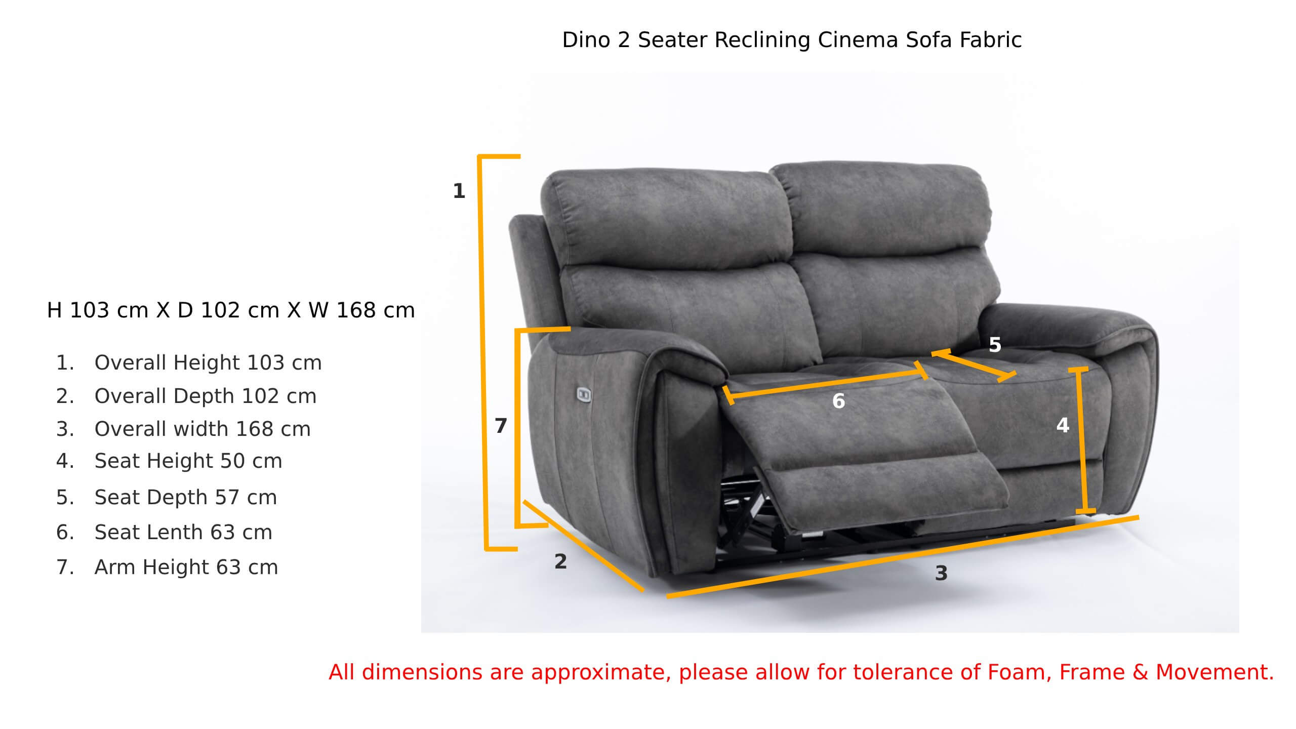 Dino 2 Seater Reclining Cinema Sofa Black Fabric Dimension