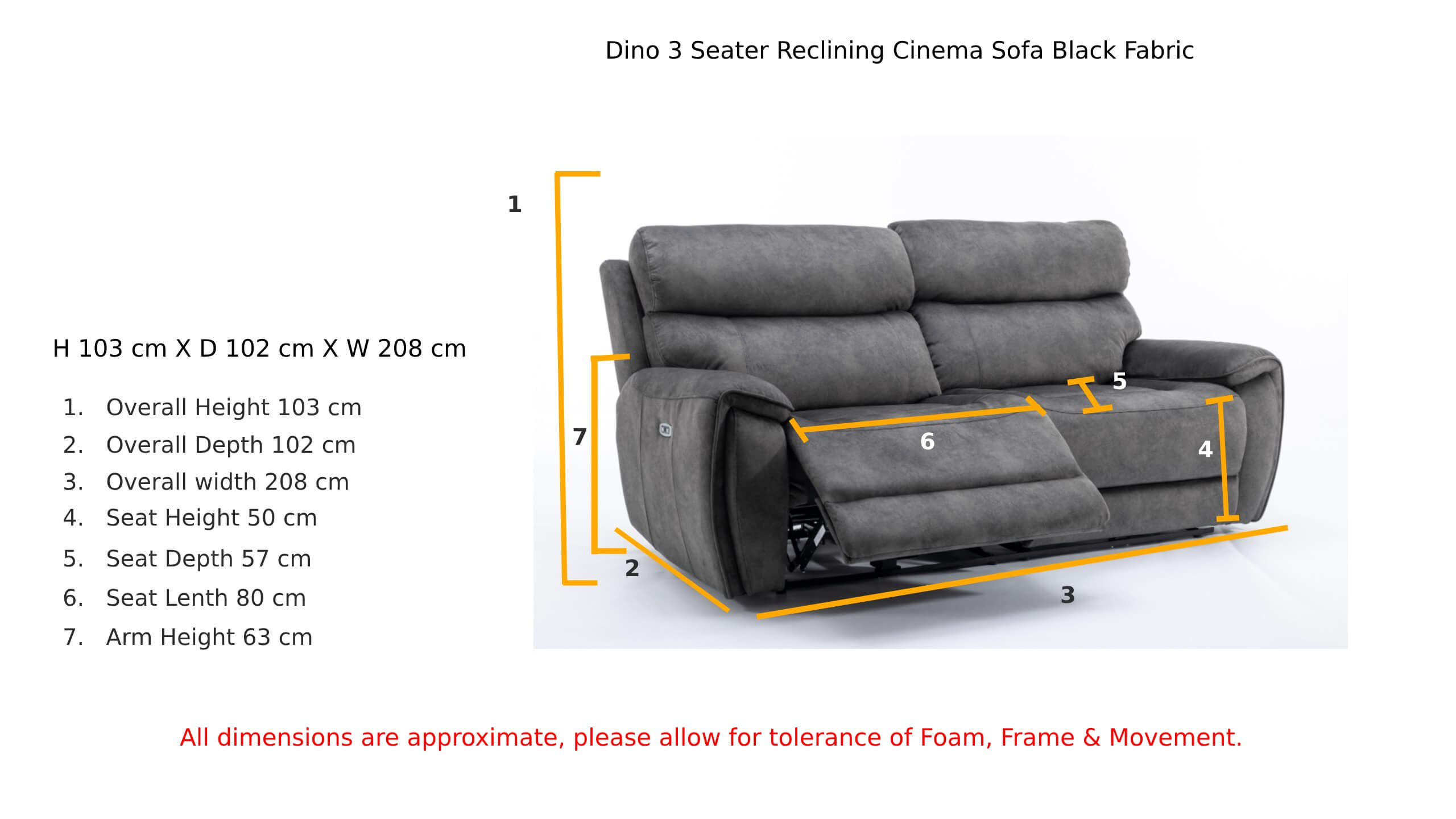 Dino 3 Seater Reclining Cinema Sofa Black Fabric Dimension