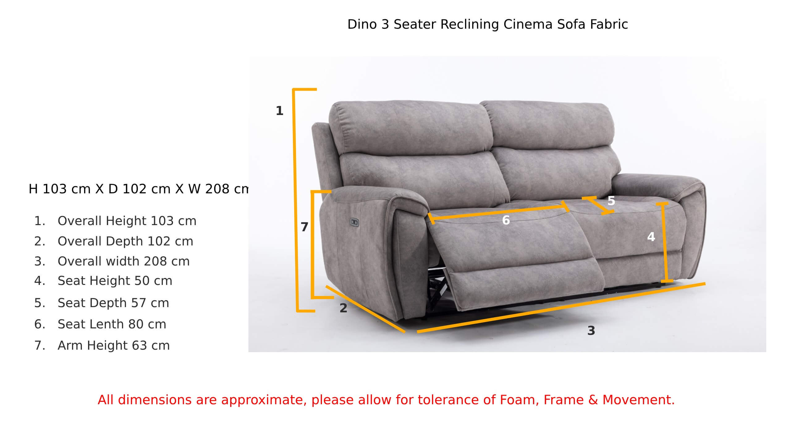 Dino 3 Seater Reclining Cinema Sofa Silver Fabric Dimension