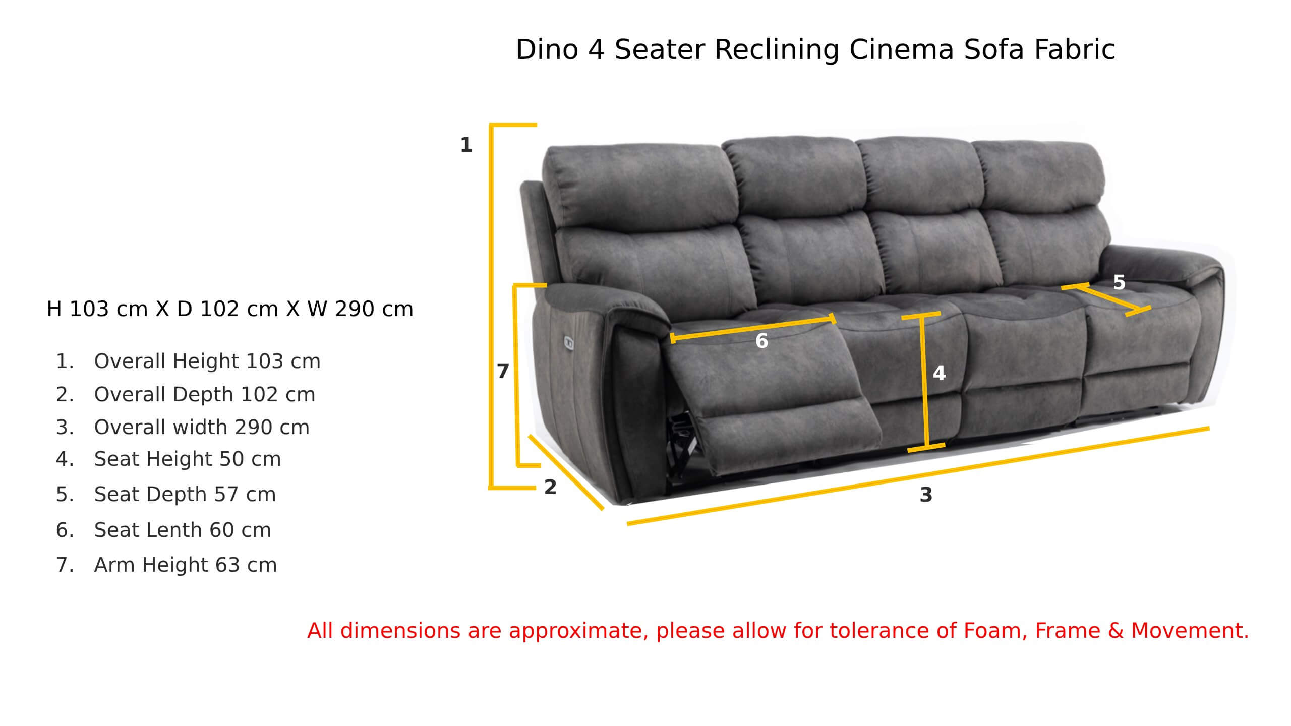 Dino 4 Seater Reclining Cinema Sofa Fabric Dimension