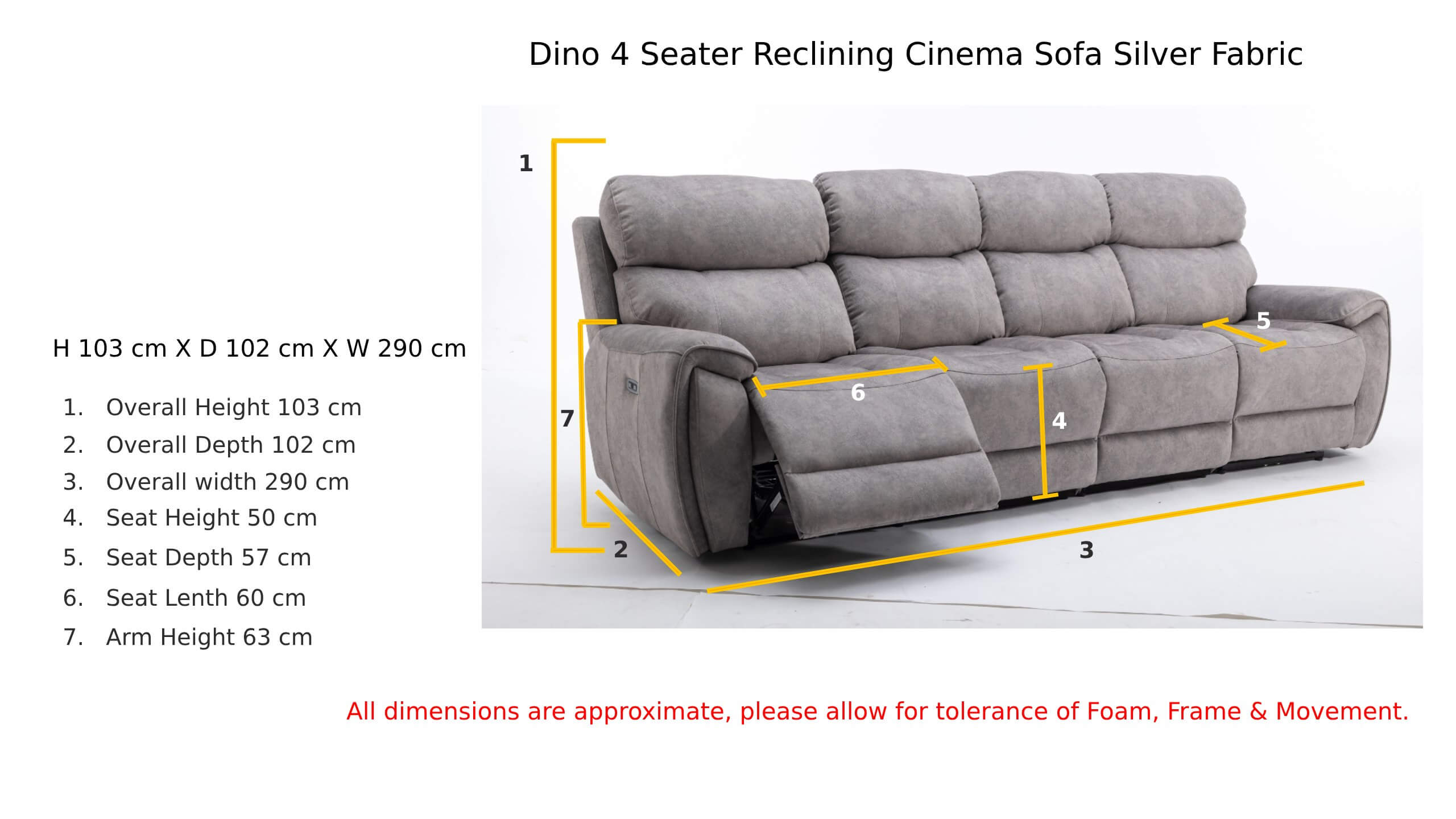 Dino 4 Seater Reclining Cinema Sofa Silver Fabric Dimension