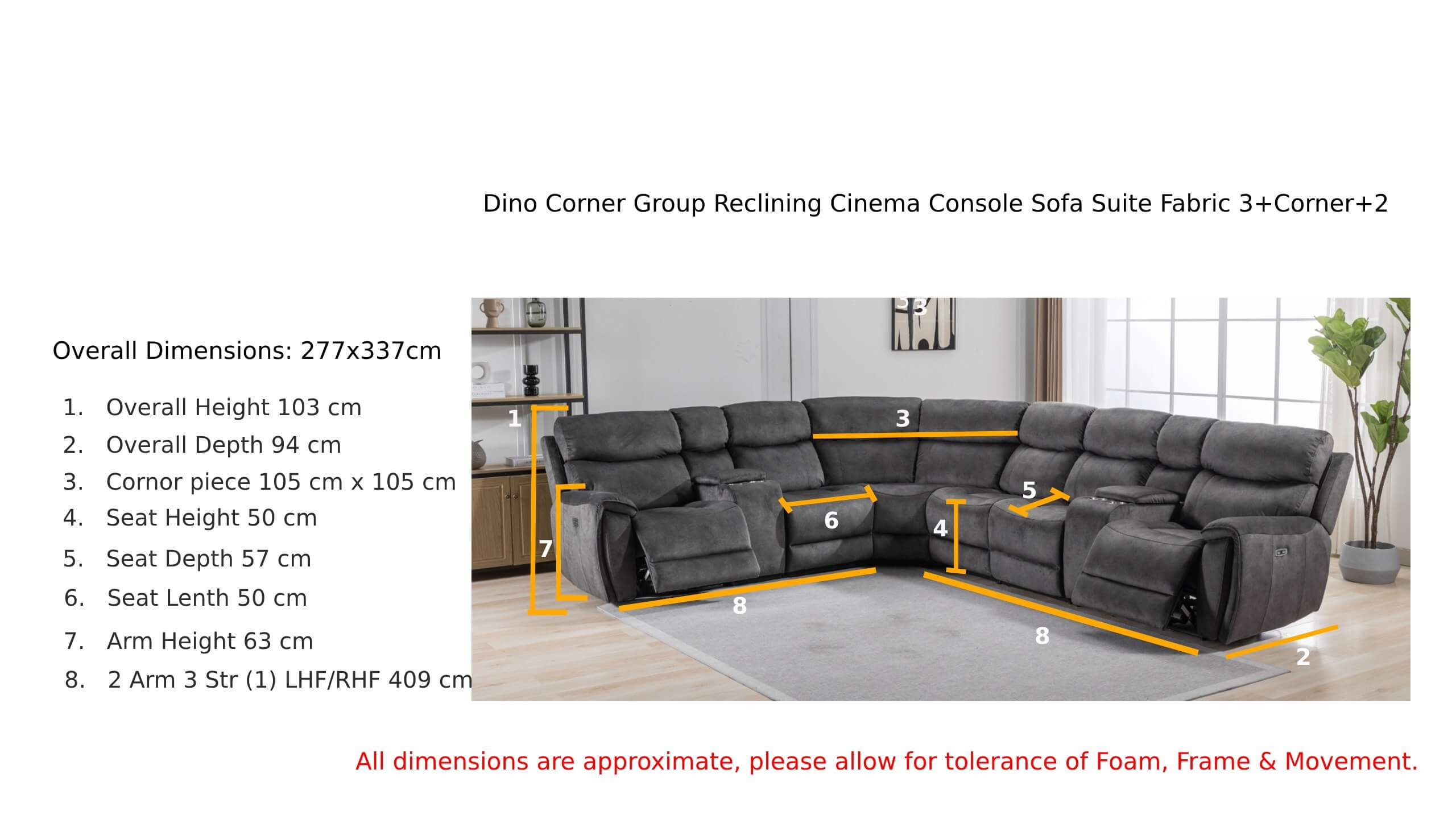 Dino Corner Group Reclining Cinema Console Sofa Suite Black Fabric 3+c+2 Dimension