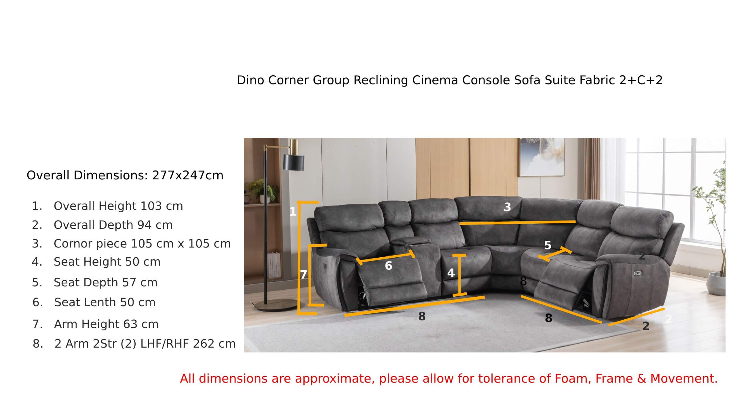 Dino Corner Group Reclining Cinema Console Sofa Suite Black Fabric Dimension