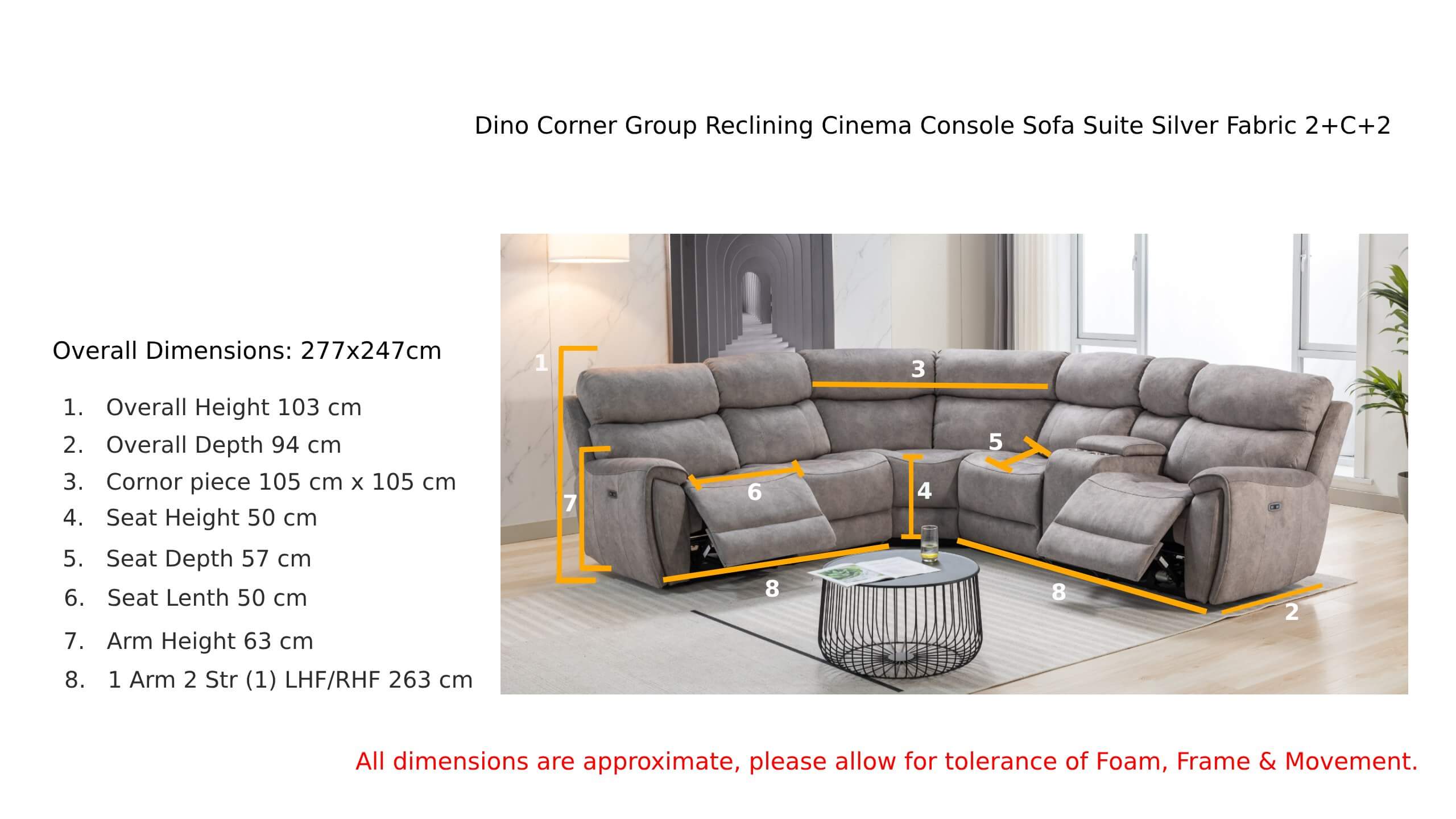 Dino Corner Group Reclining Cinema Console Sofa Suite Silver Fabric 2c2 Dimension