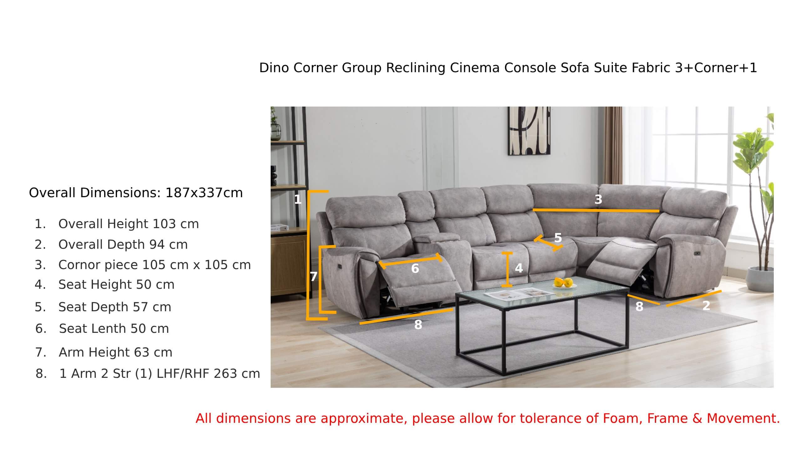 Dino Corner Group Reclining Cinema Console Sofa Suite Silver Fabric 3+Corner+1 Dimension