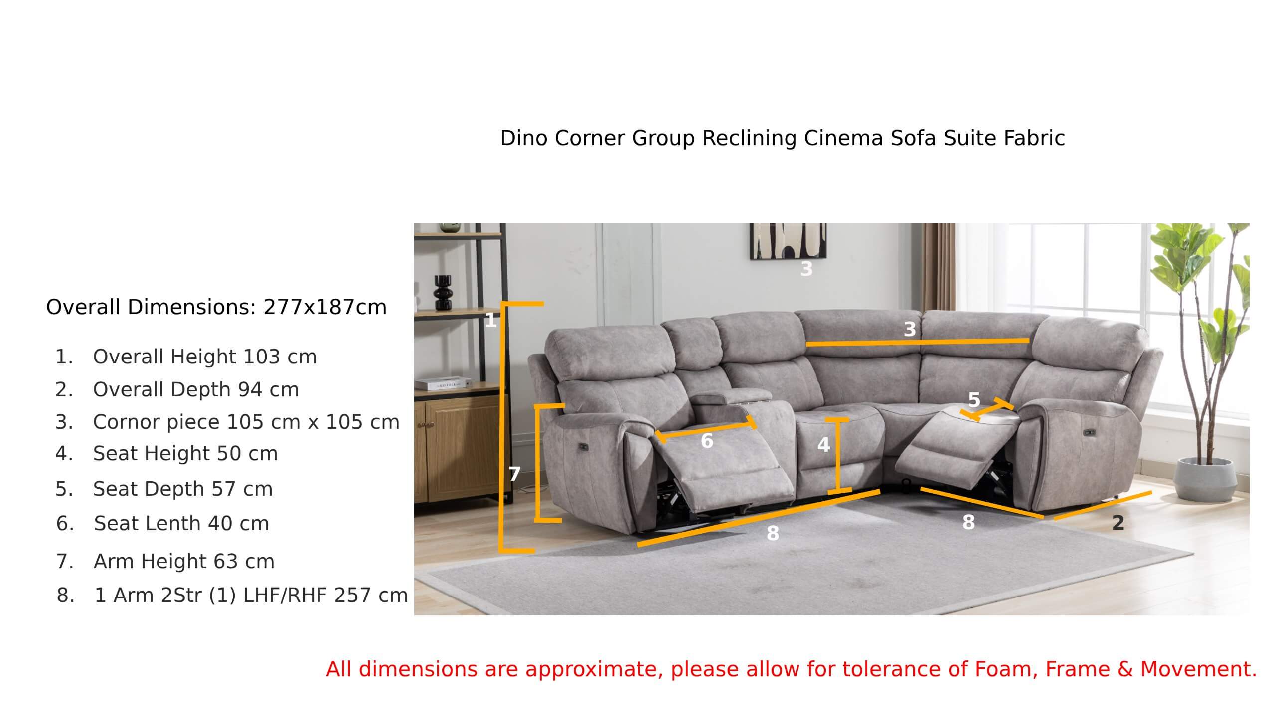 Dino Corner Group Reclining Cinema Sofa Suite Silver Fabric 2 +c+1 Dimension