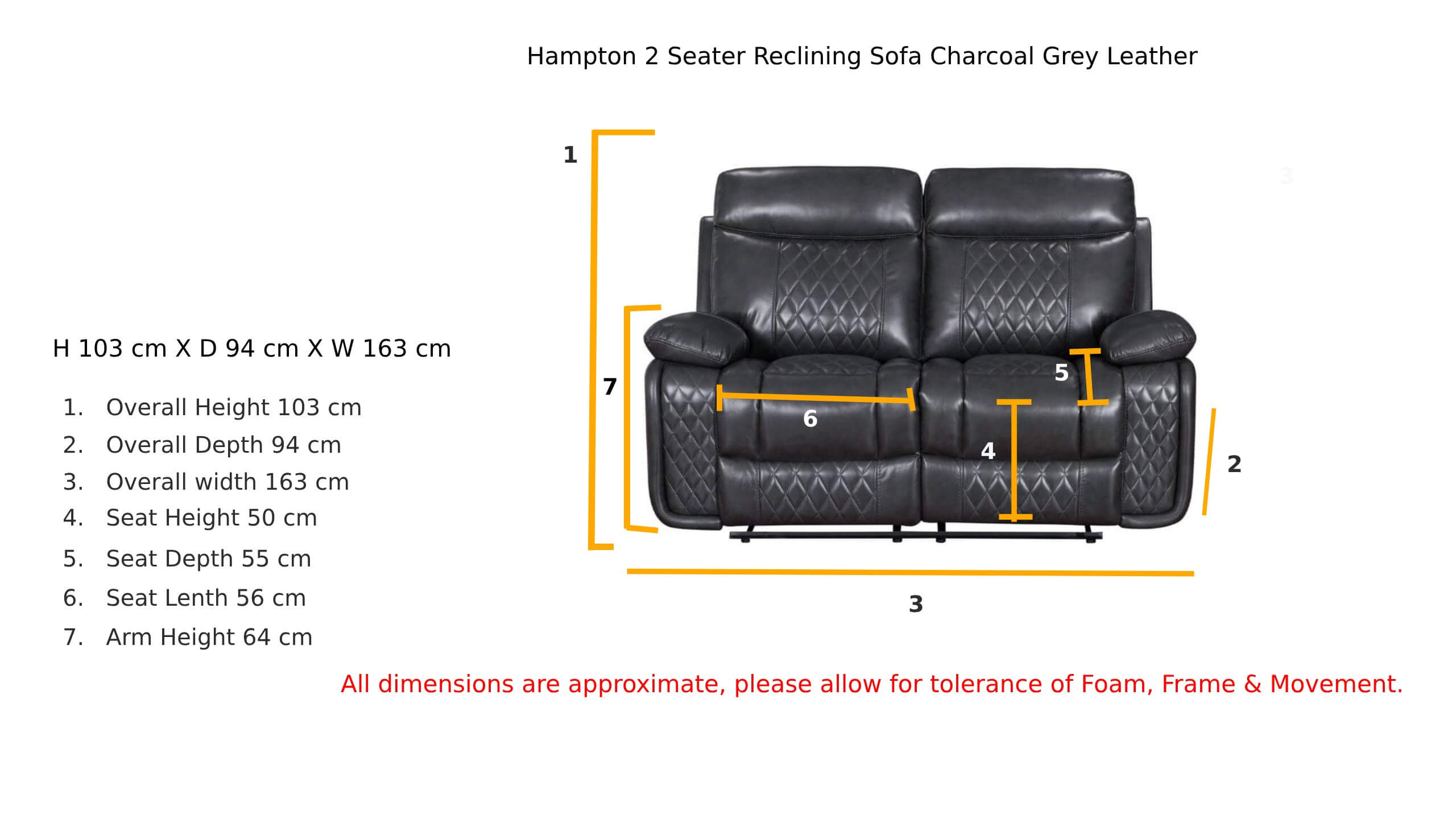 Hampton 2 Seater Reclining Sofa Charcoal Grey Leather Dimensions