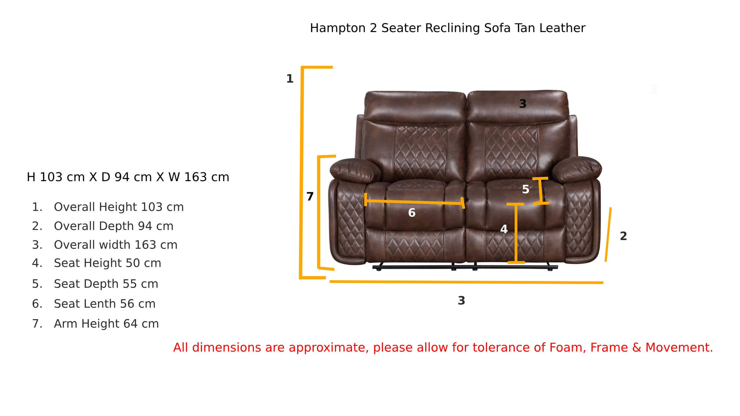 Hampton 2 Seater Reclining Sofa Tan Leather Dimensions