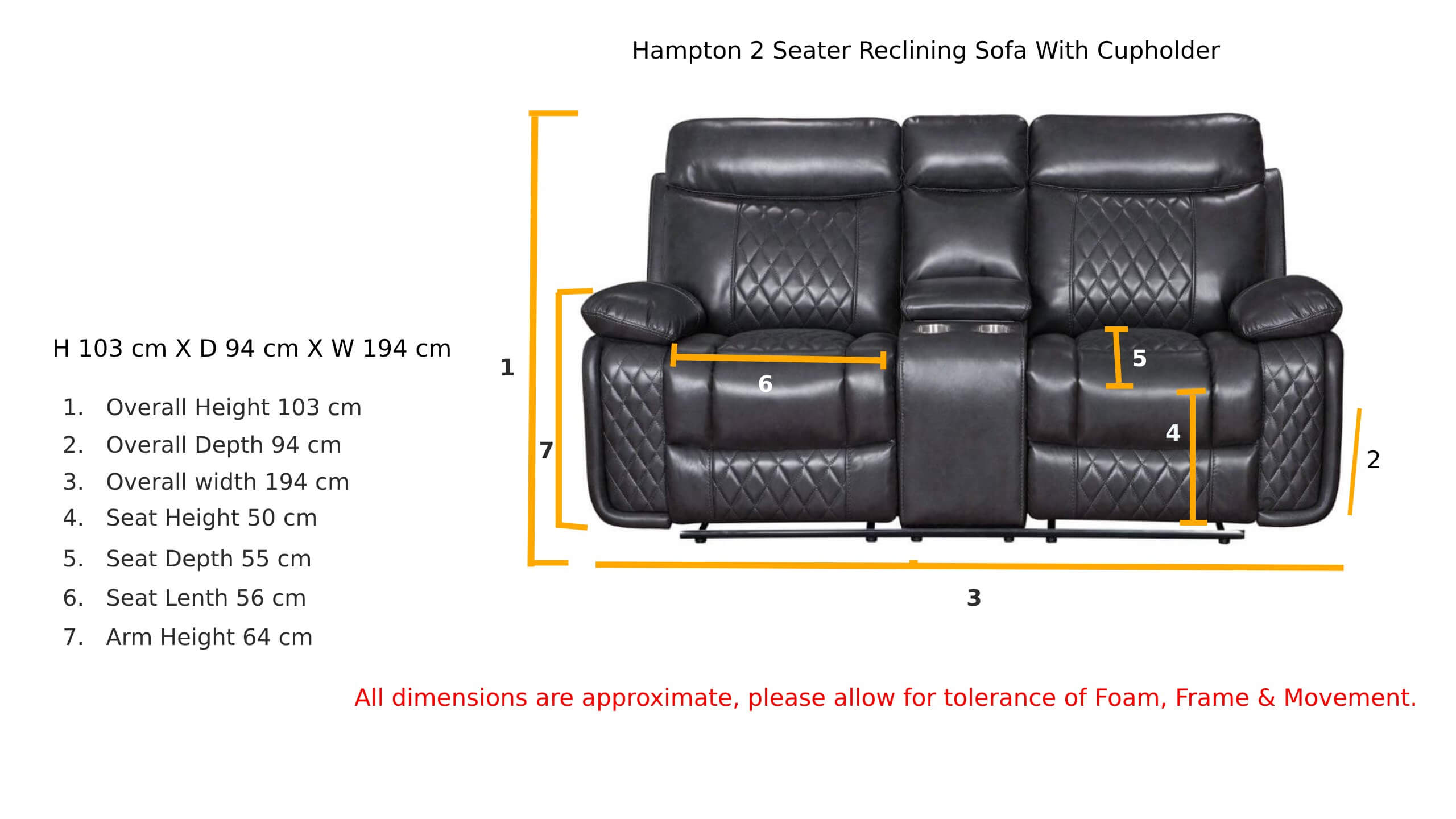 Hampton 2 Seater Reclining Sofa Tan Leather Dimensions