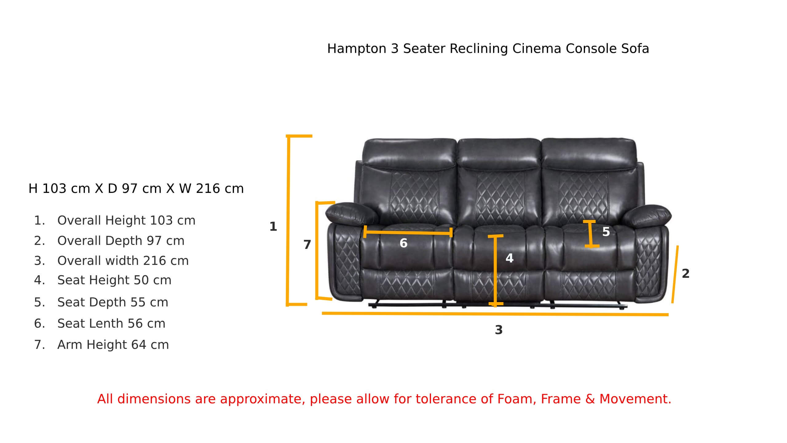 Hampton 3 Seater Reclining Cinema Console Sofa Charcoal Grey Leather Dimensions