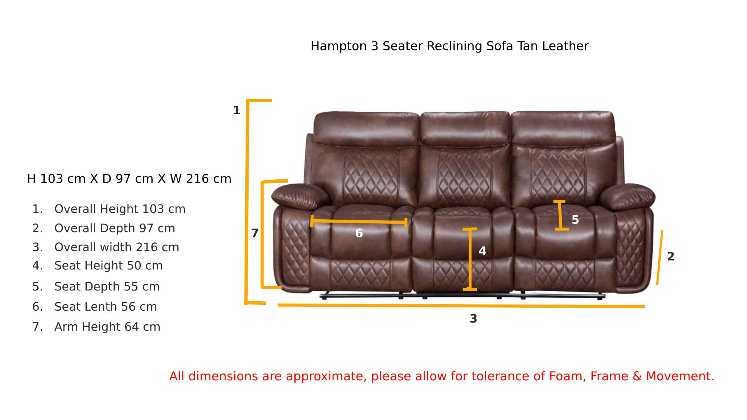 Hampton 3 Seater Reclining Sofa Tan Leather Dimension