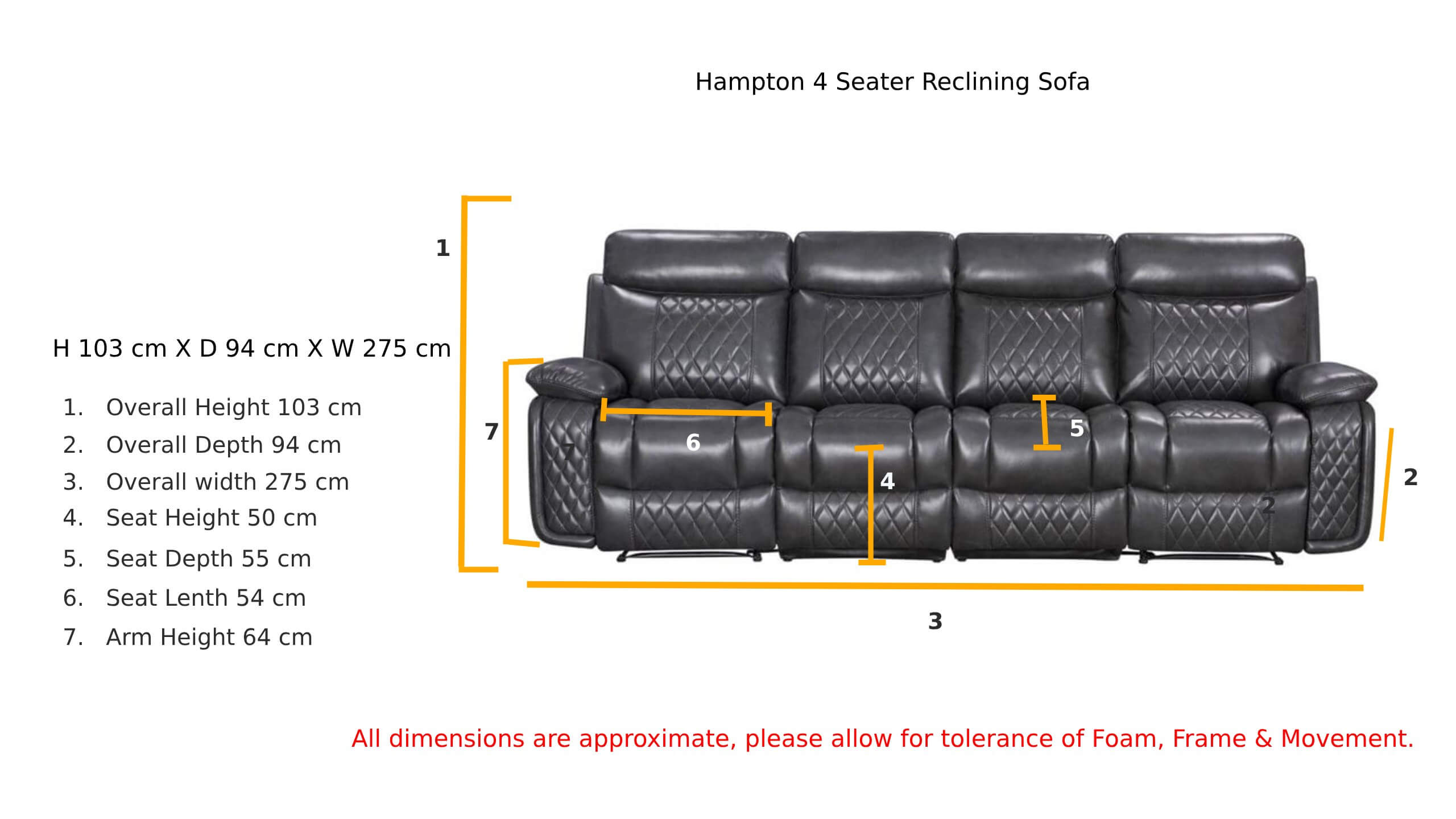 Hampton 4 Seater Reclining Sofa Charcoal Grey Leather Dimensions