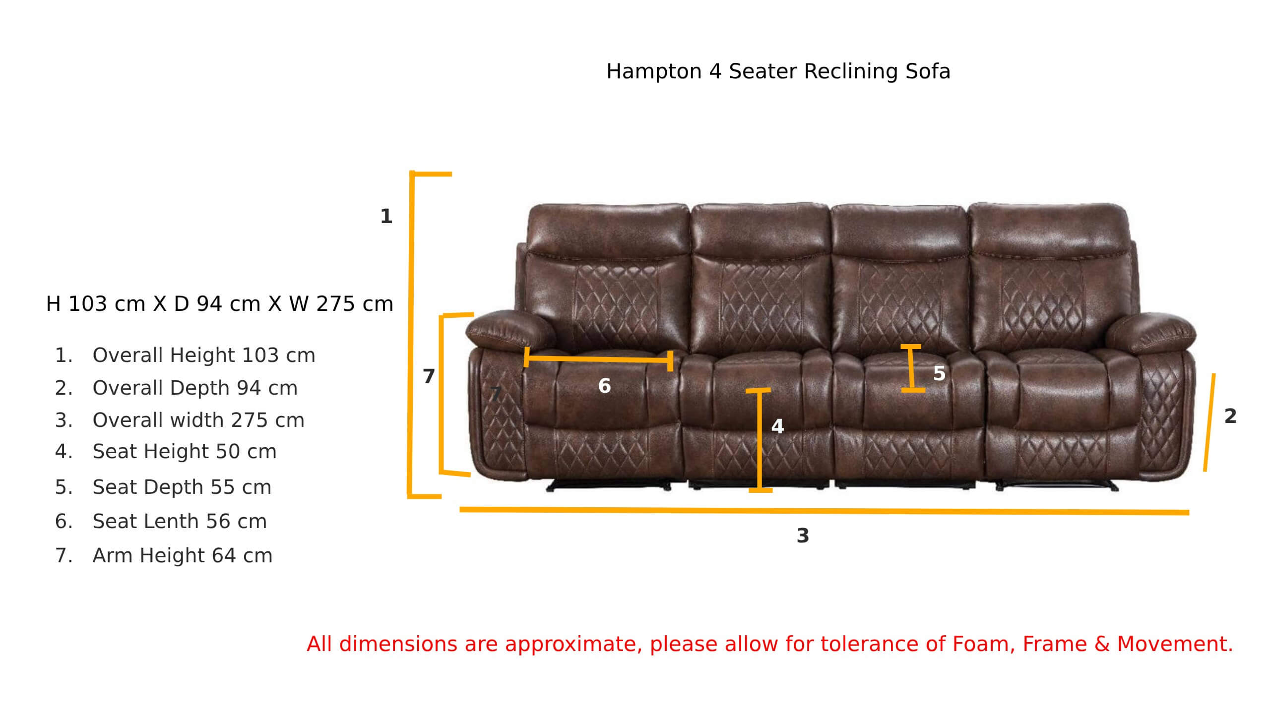 Hampton 4 Seater Reclining Sofa Tan Leather Dimensions