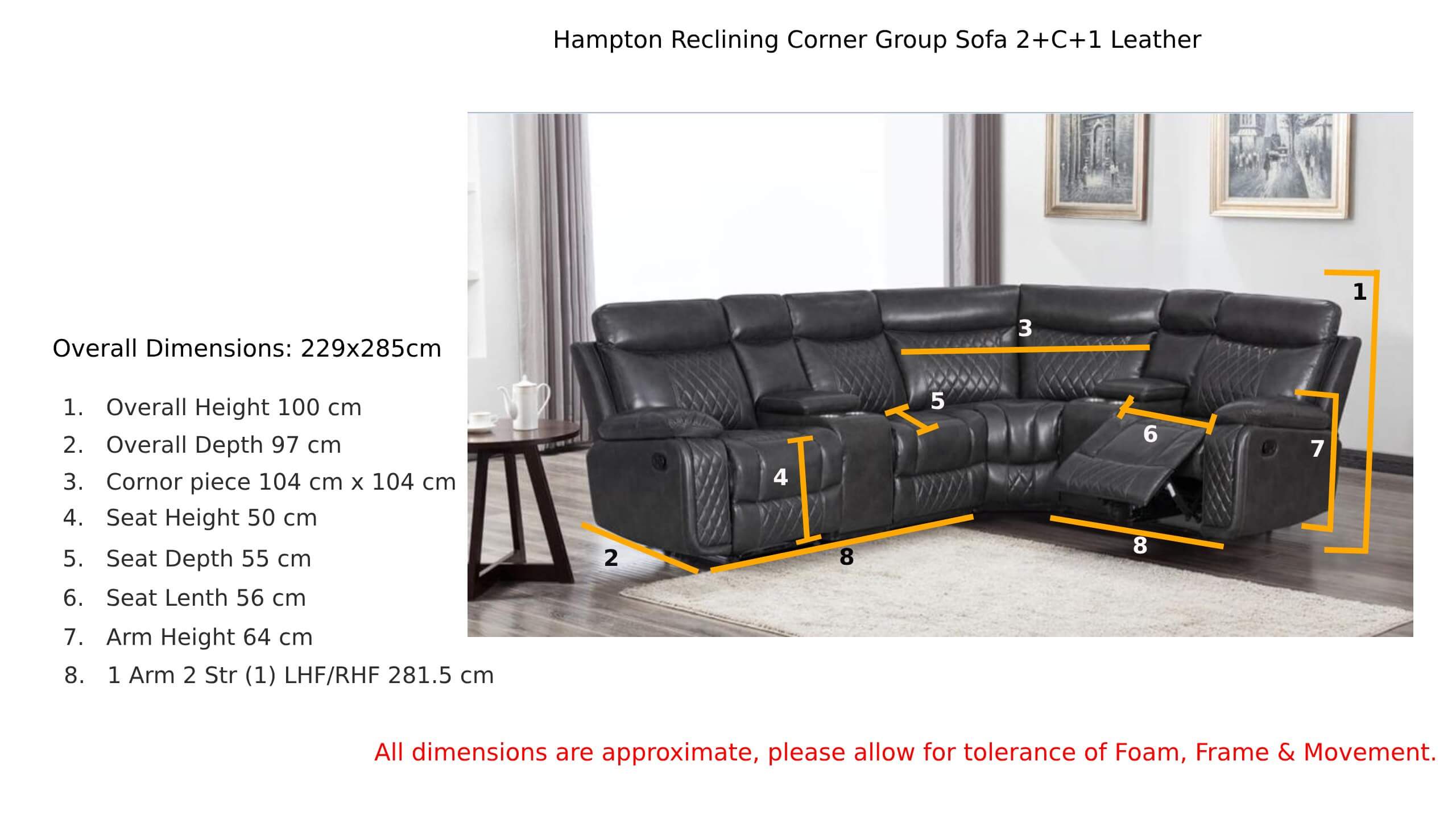 Hampton Reclining Corner Group Sofa 2+C+1 Charcoal Grey Leather Dimension