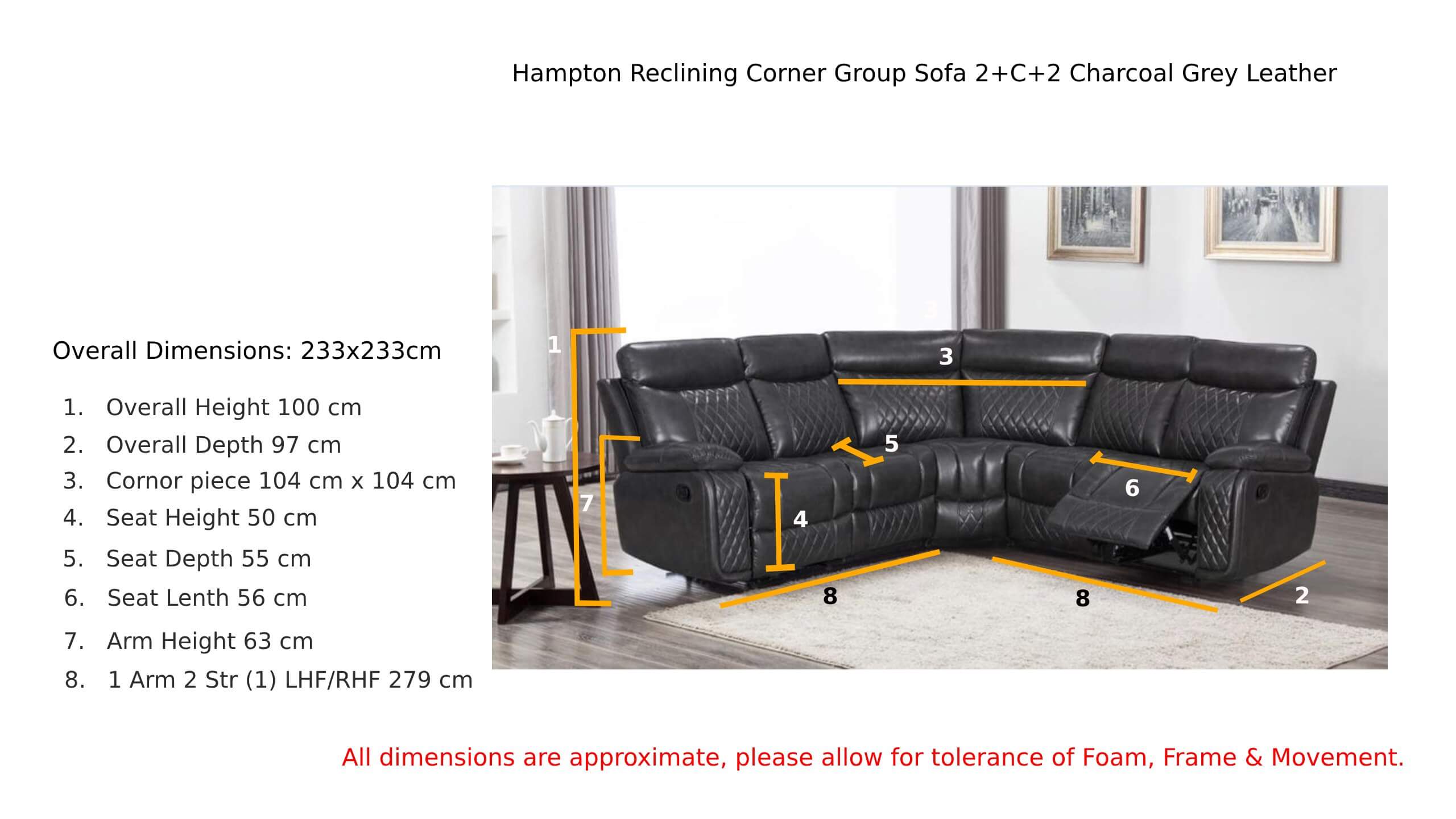 Hampton Reclining Corner Group Sofa 2+C+1 Charcoal Grey Leather Dimension