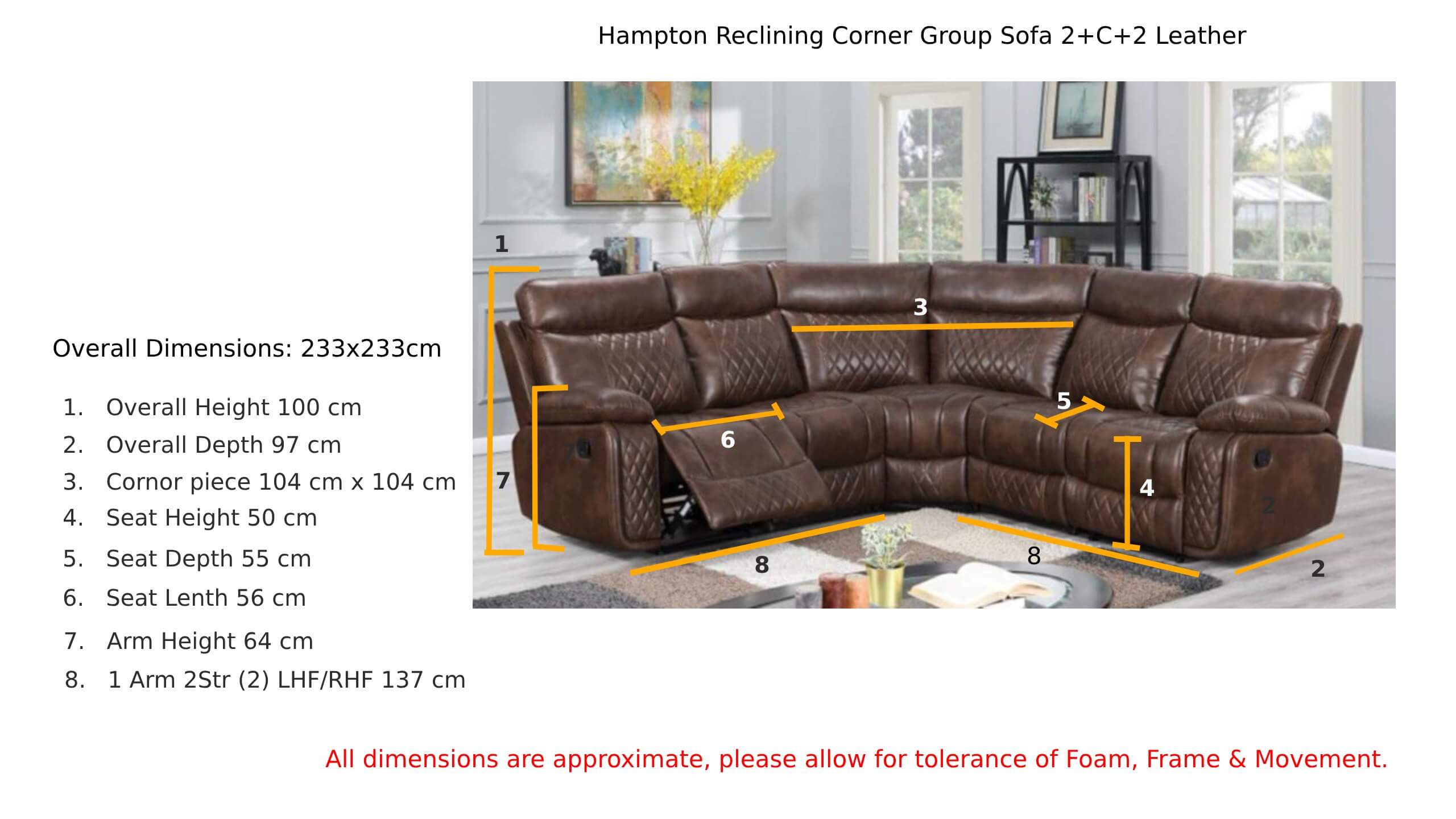 Hampton Reclining Corner Group Sofa 2+C+2 Tan Leather dimension