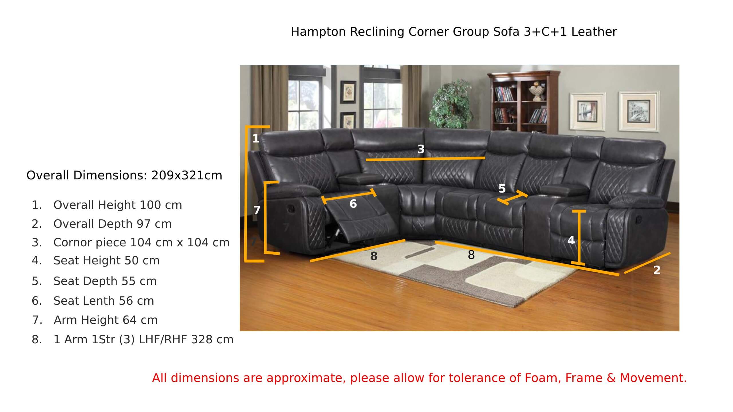 Hampton Reclining Corner Group Sofa 3+C+1 Charcoal Grey Leather Dimension