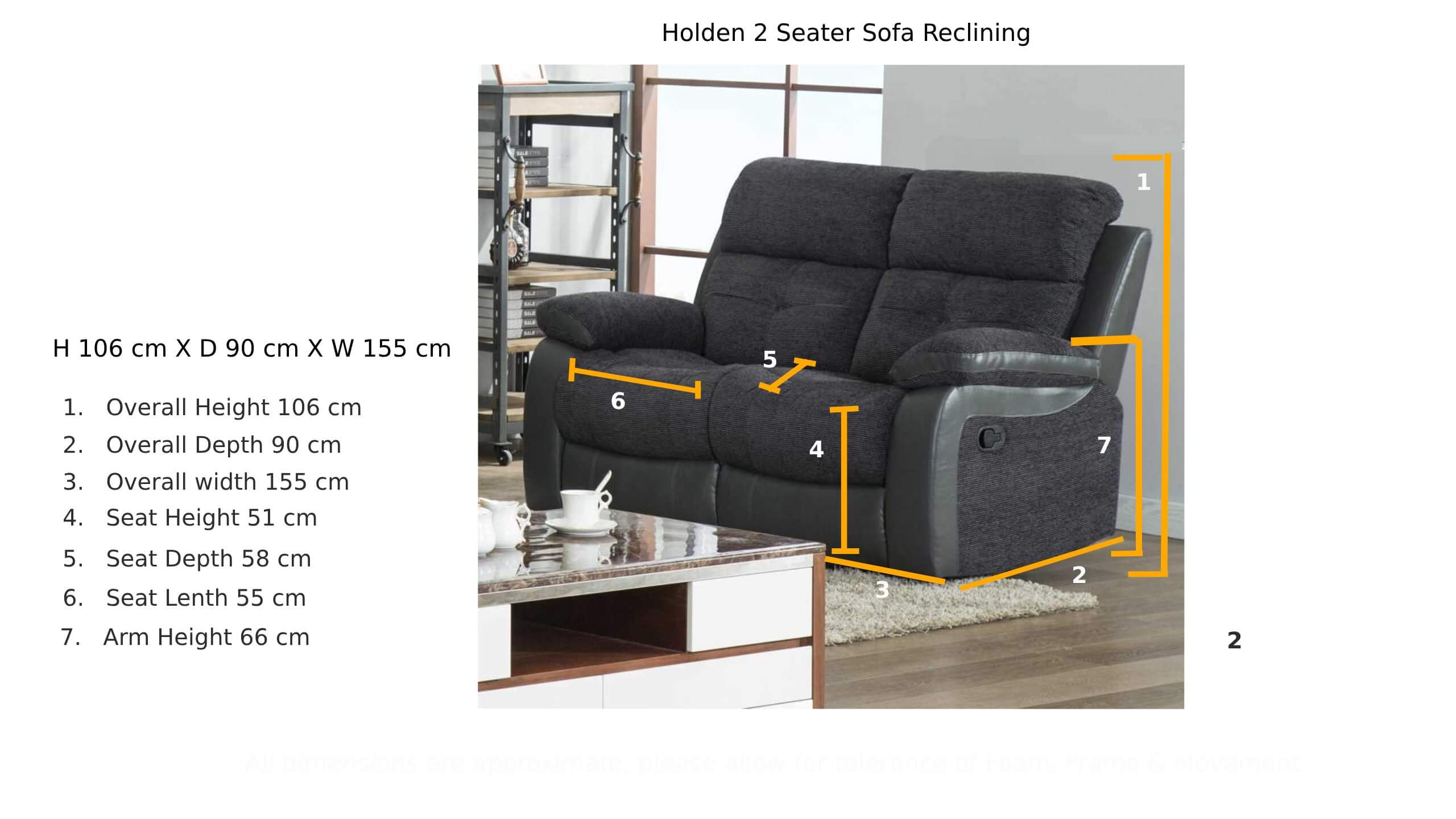 Holden 2 Seater Sofa Reclining Dark Grey Fabric And Leather Dimension (1)