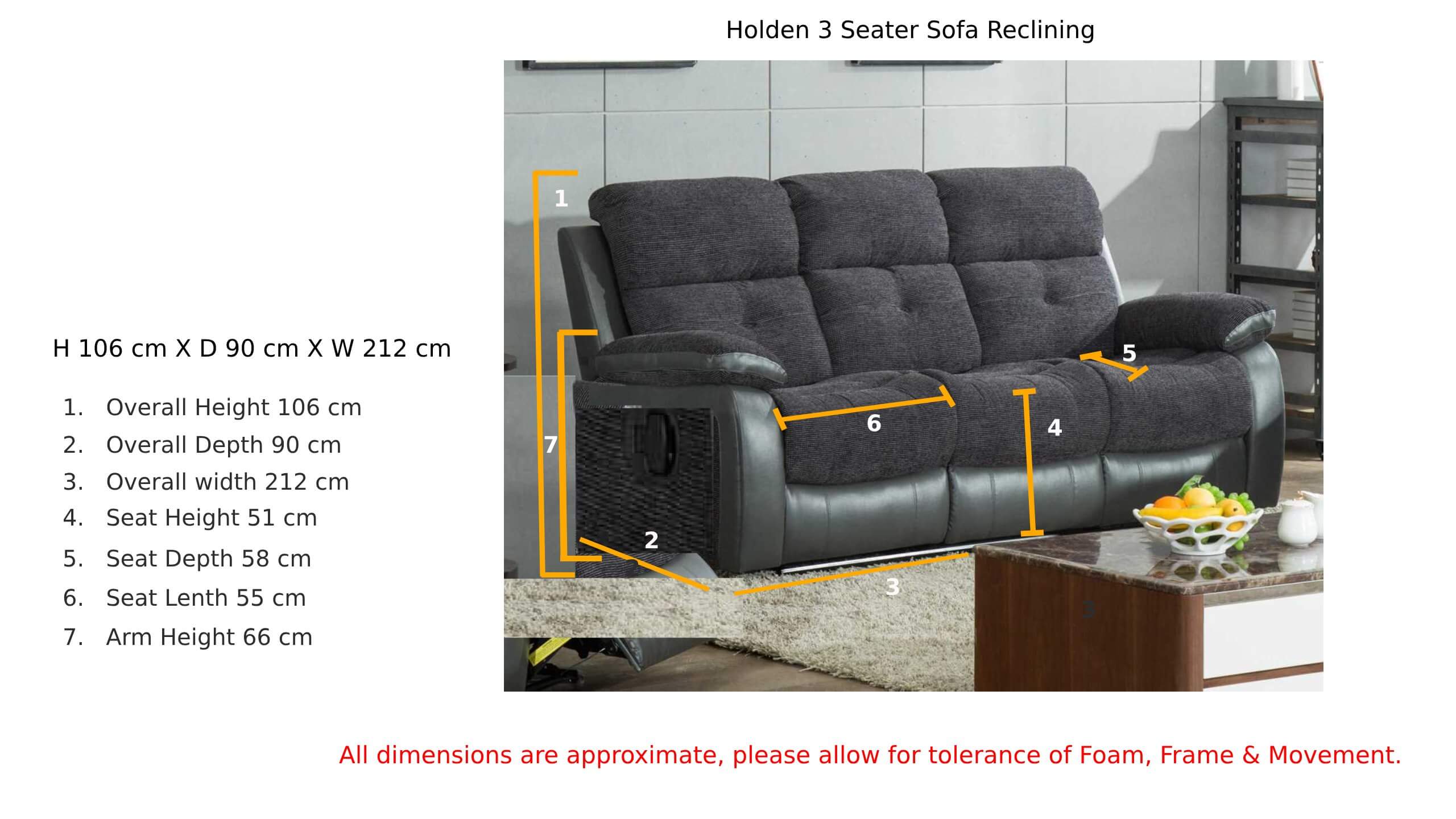 Holden 3 Seater Sofa Reclining Dark Grey Fabric And Leather Dimension