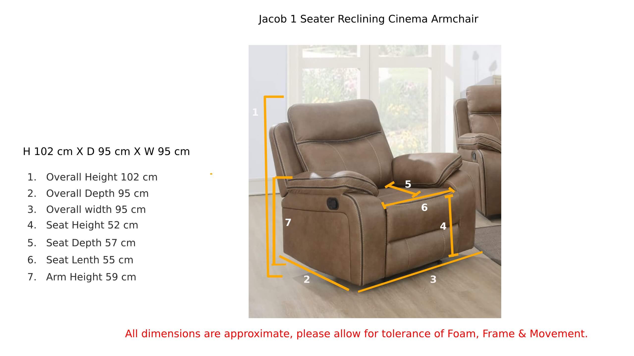 Jacob 1 Seater Reclining Cinema Armchair Tan