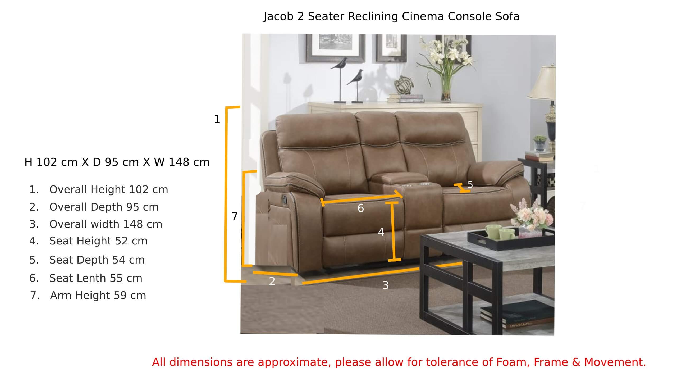 Jacob 2 Seater Reclining Cinema Console Sofa Tan Dimension