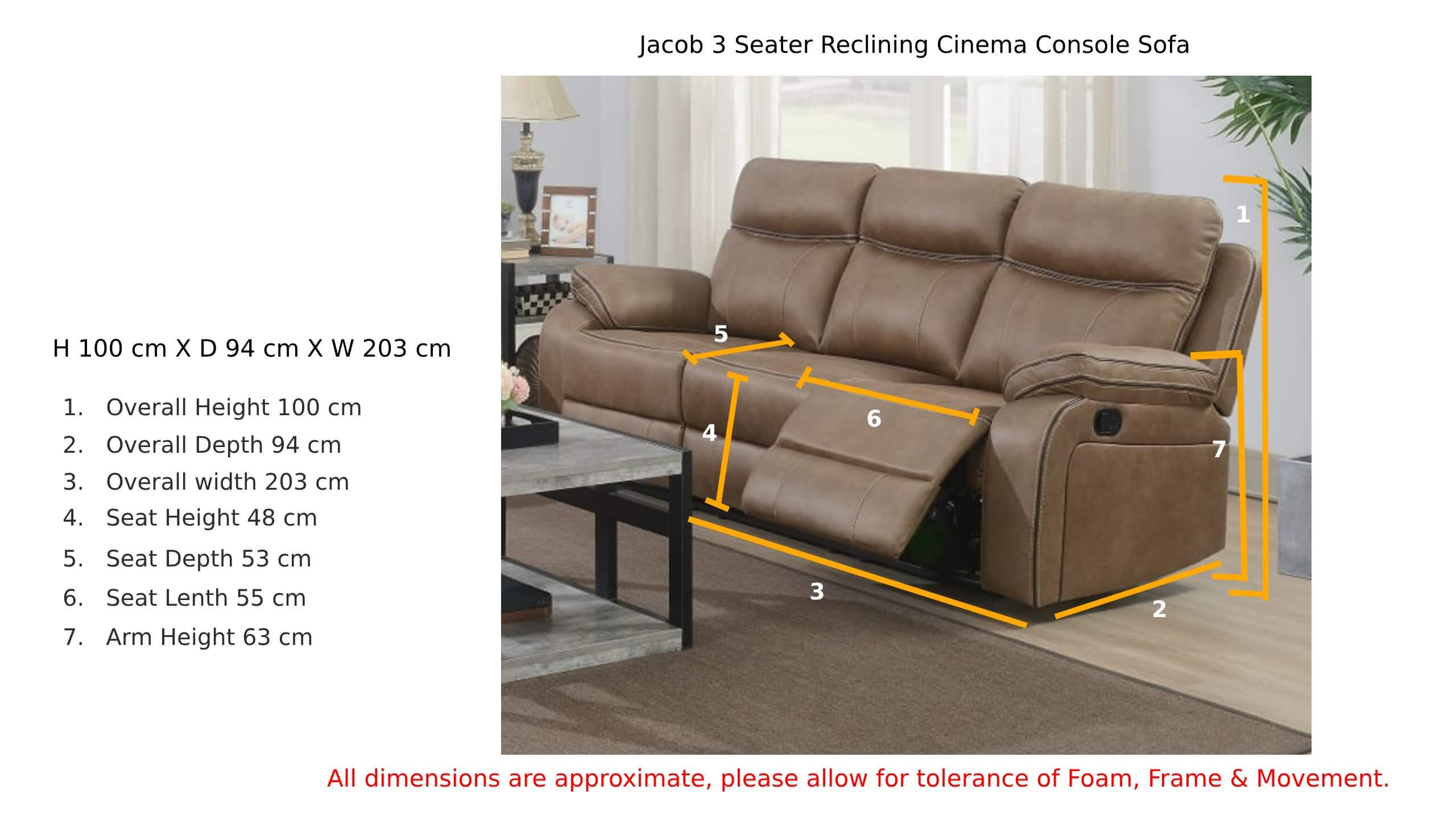 Jacob 3 Seater Reclining Cinema Console Sofa Tan Dimension