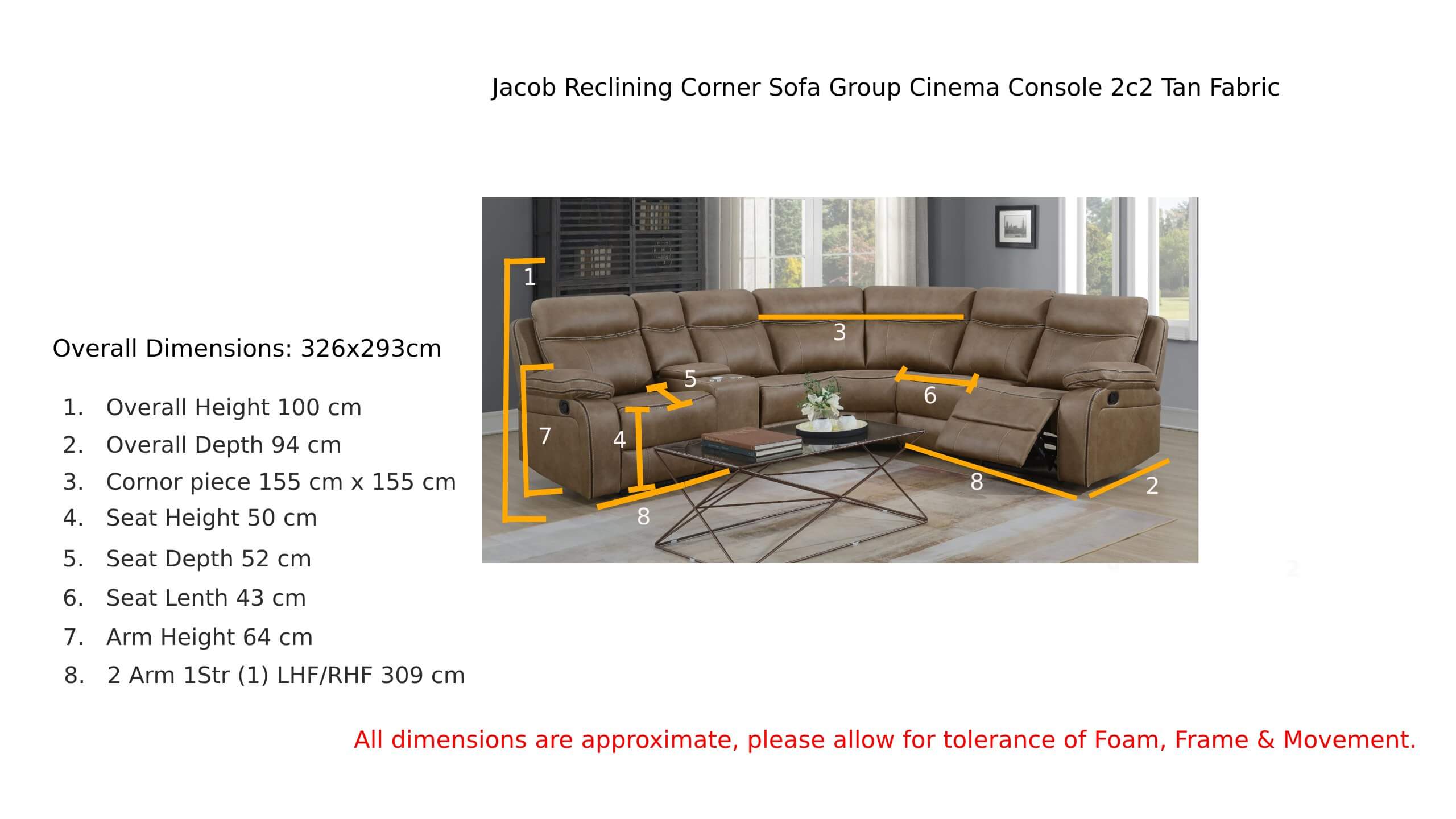 Jacob Reclining Corner Sofa Group Cinema Console 2c2 Tan Fabric Dimension