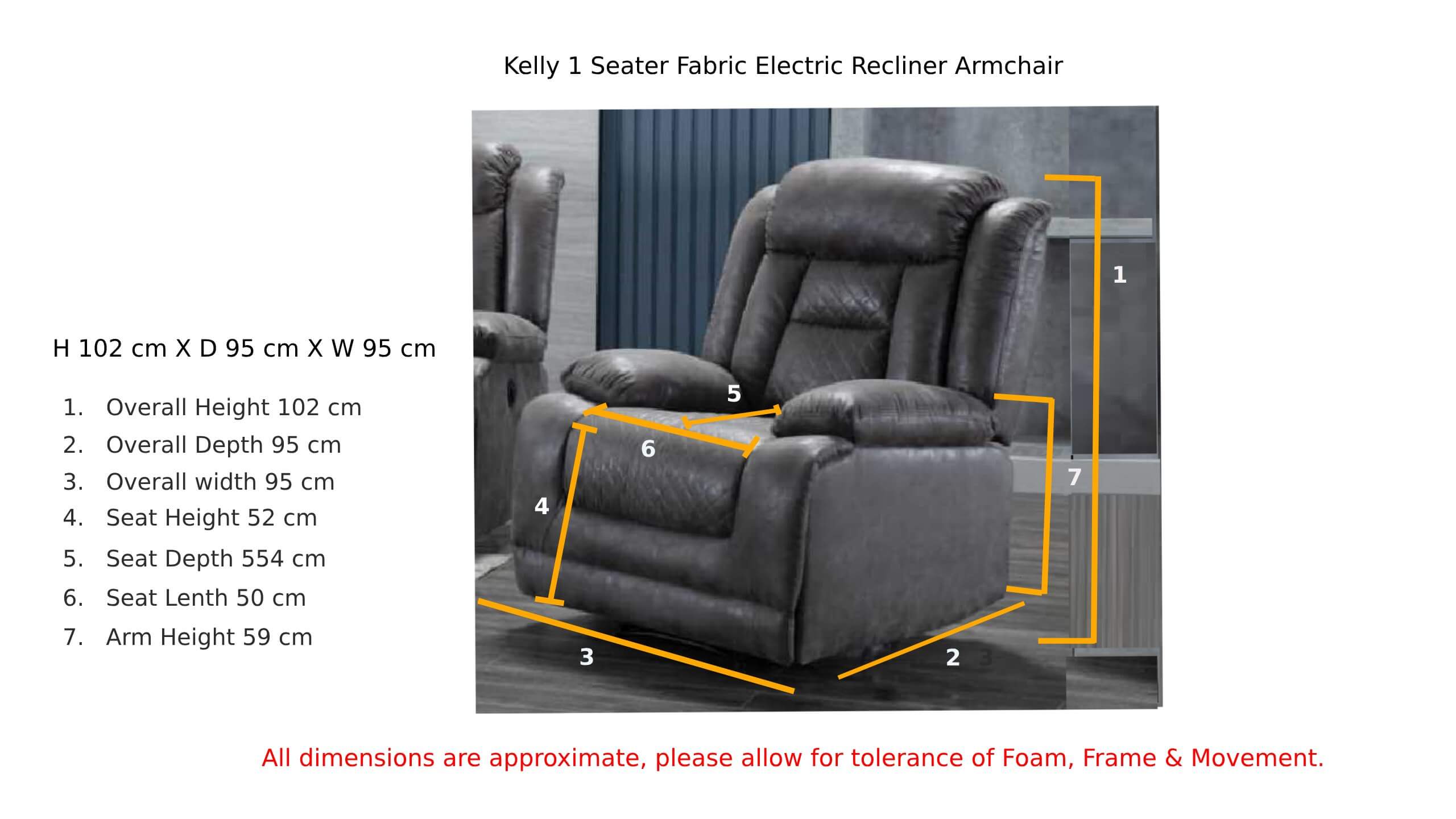 Kelly 1 Seater Grey Fabric Electric Recliner Armchar Dimensions 