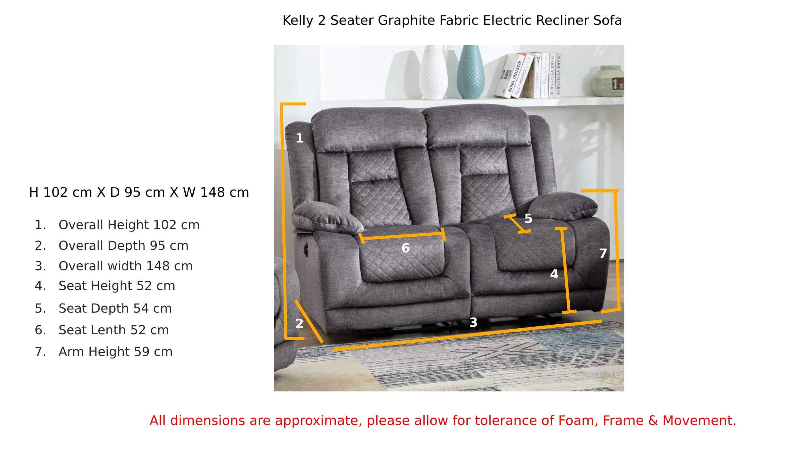 Kelly 2 Seater Graphite Grey Fabric Electric Recliner Sofa Dimensions