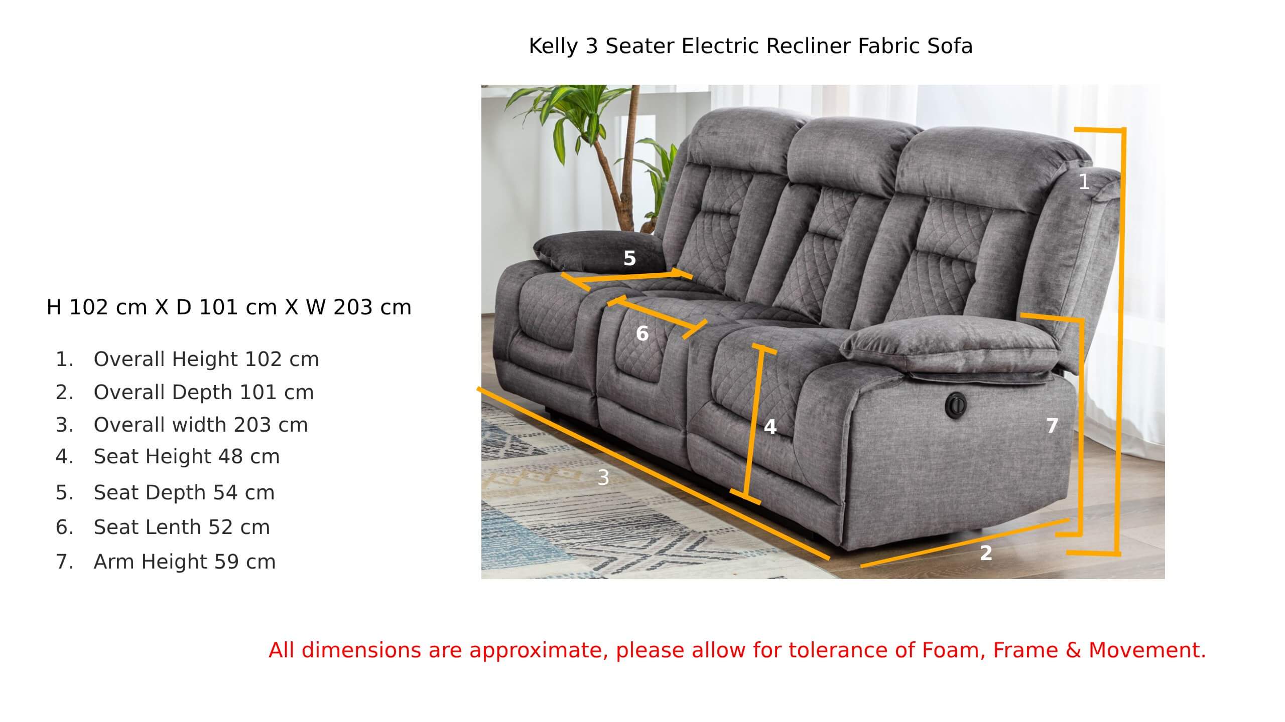 Kelly 3 Seater Graphite Grey Fabric Electric Recliner Sofa Dimension