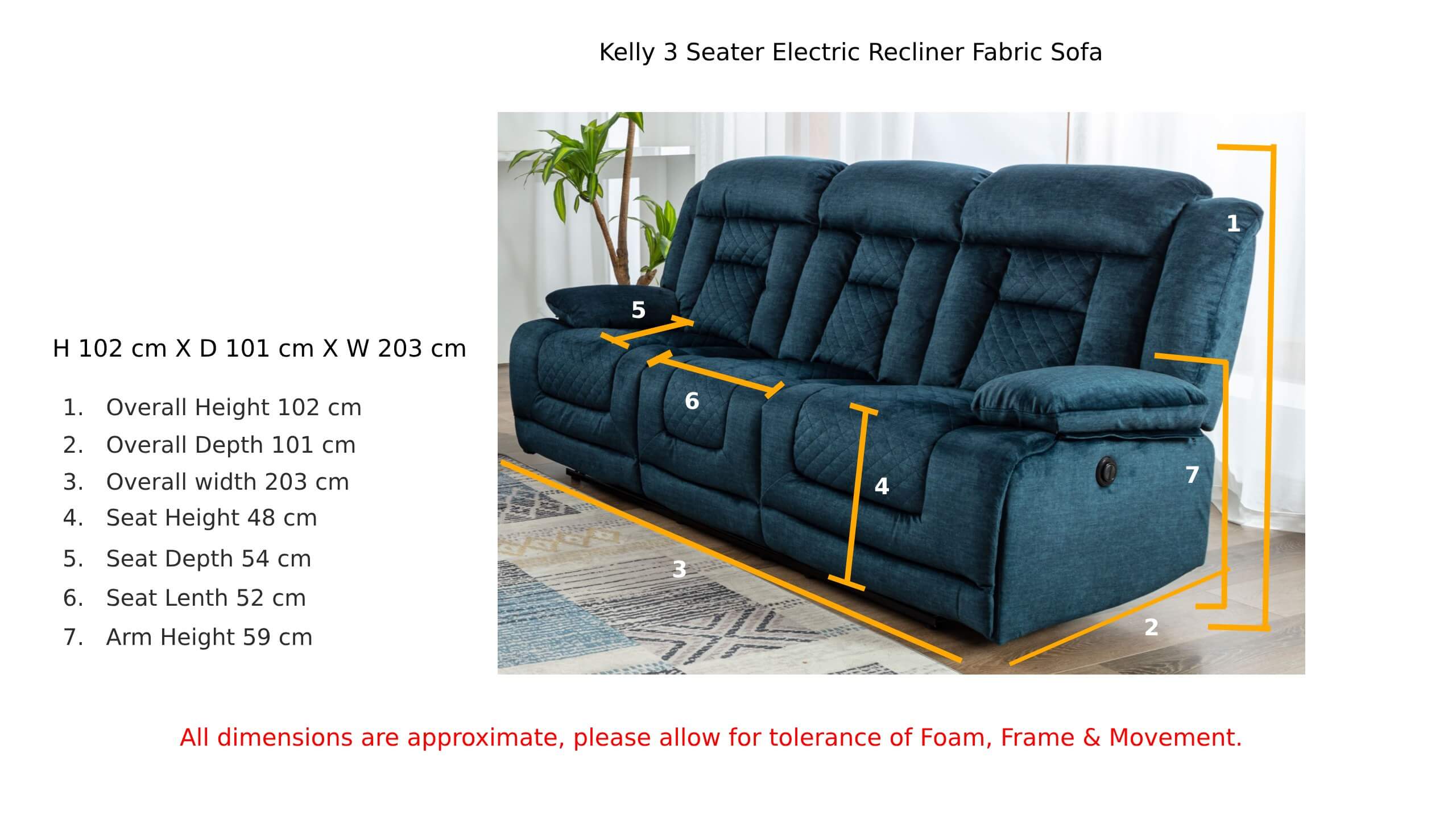 Kelly 3 Seater Ocean Blue Fabric Electric Recliner Sofa Dimension