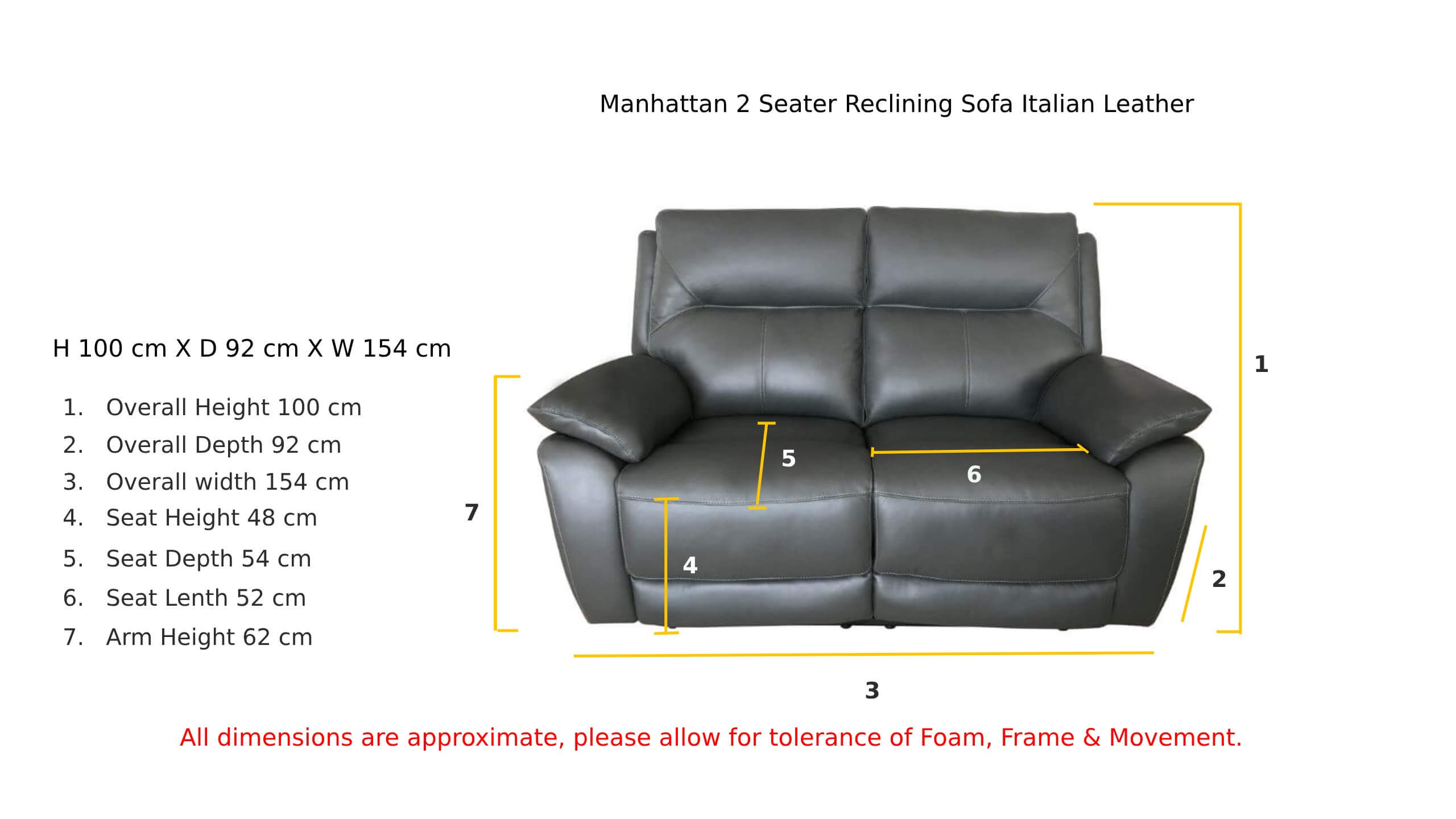 Manhattan 2 Seater Reclining Sofa Italian Grey Leather Dimension