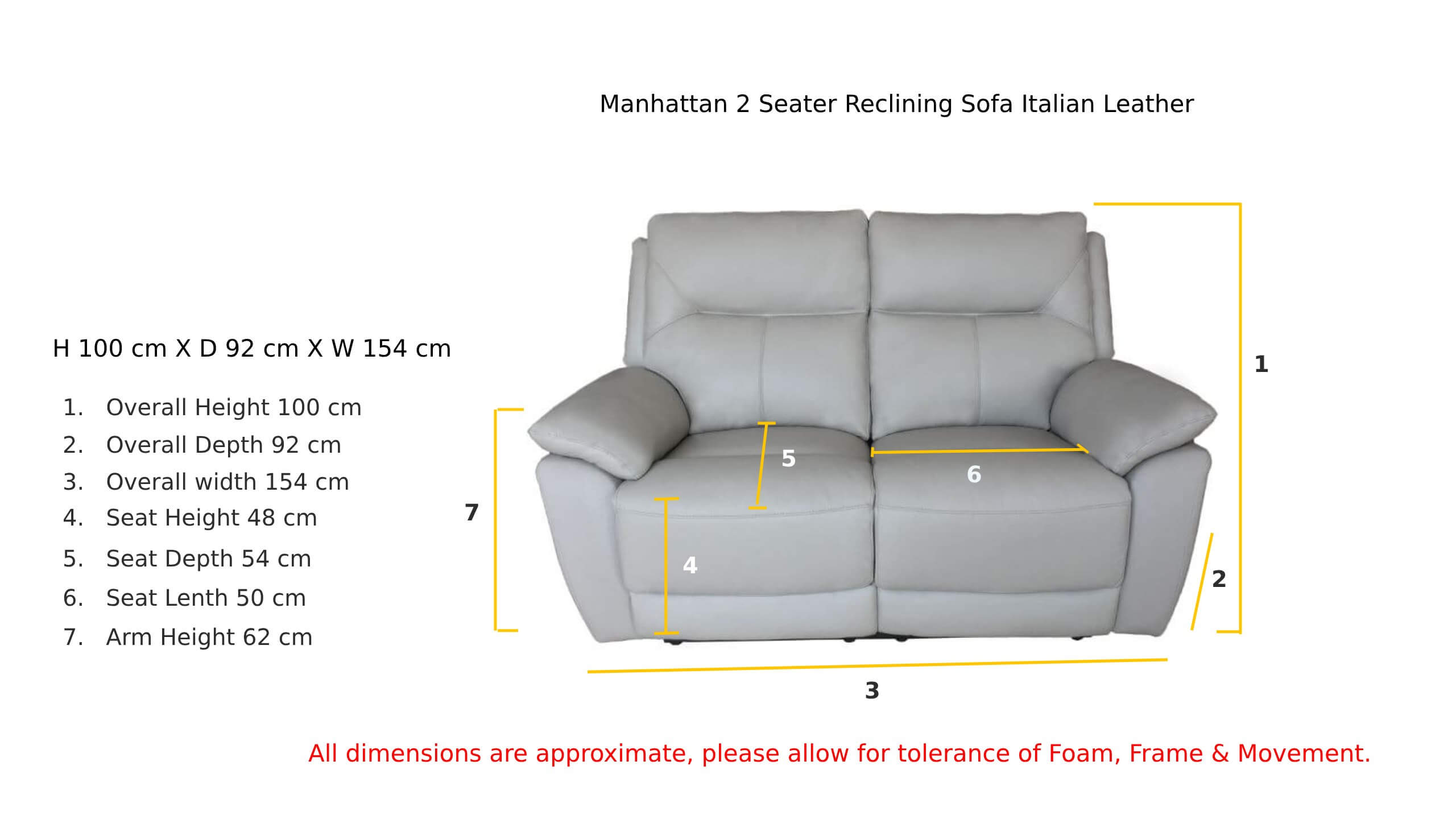 Manhattan 2 Seater Reclining Sofa Italian Putty Leather Dimensions