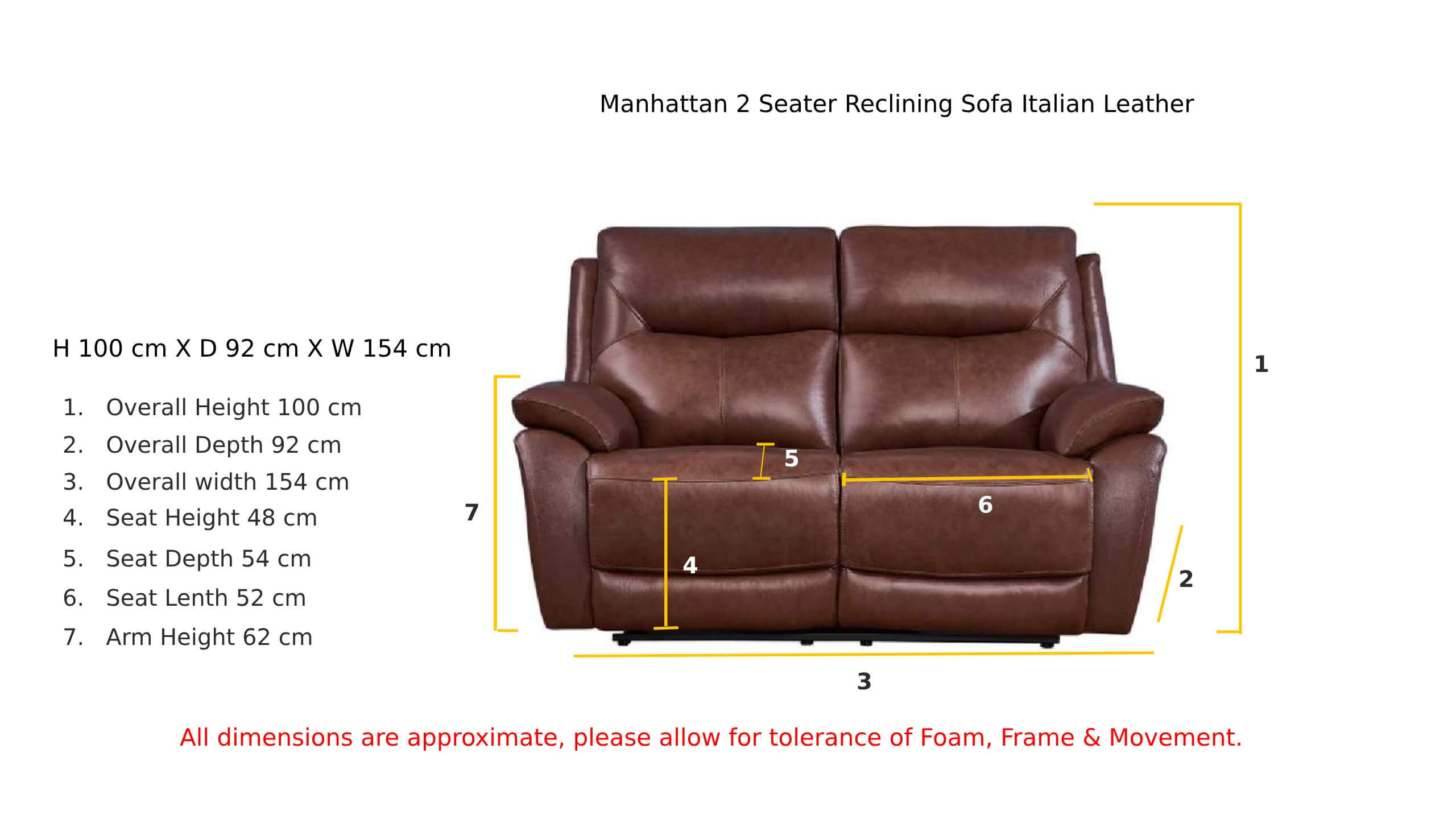 Manhattan 2 Seater Reclining Sofa Italian Tan Leather Dimension