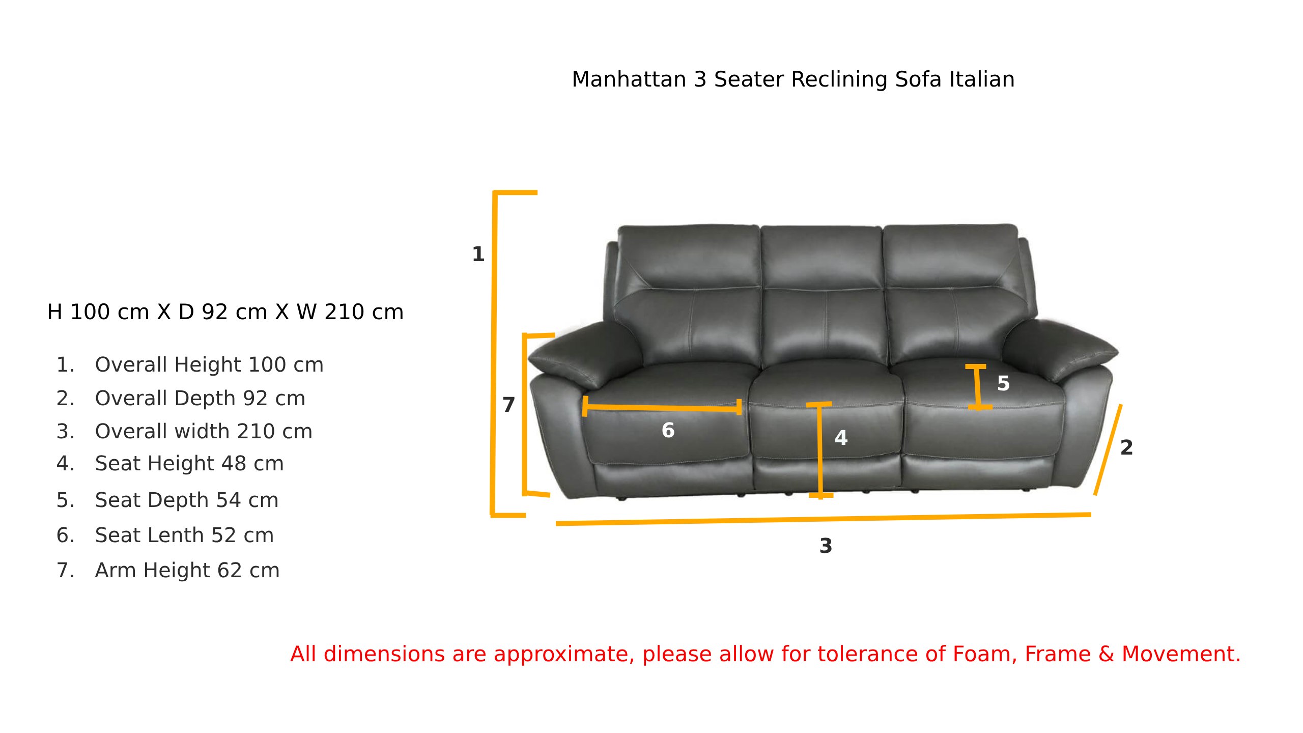 Manhattan 3 Seater Reclining Sofa Italian Grey Leather